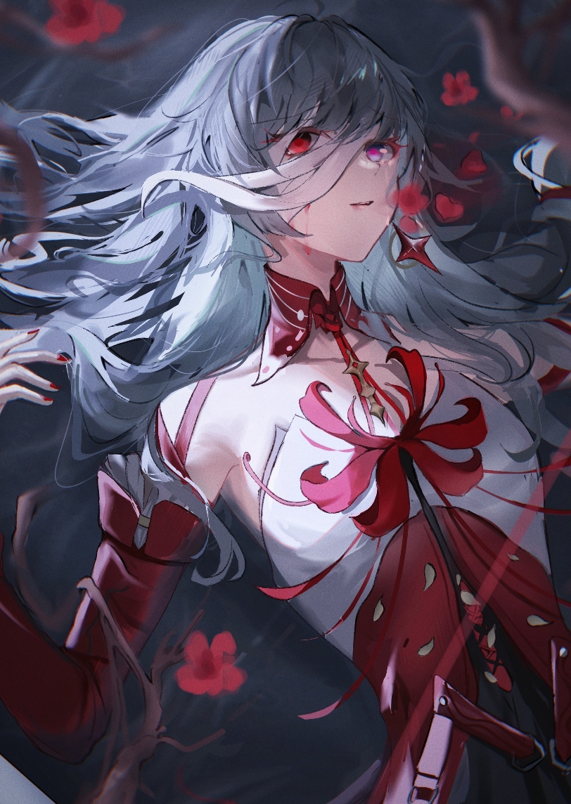 hehewhite, phrolova (wuthering waves), wuthering waves, commentary request, 1girl, bare shoulders, black skirt, breasts, closed mouth, detached sleeves, dress, grey hair, halter dress, halterneck, long hair, loose bandages, lying, medium breasts, on back, red dress, red eyes, single detached sleeve, skirt, solo