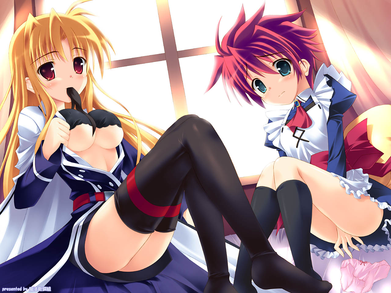 kouzuki hajime, erio mondial, fate testarossa, lyrical nanoha, mahou shoujo lyrical nanoha, mahou shoujo lyrical nanoha strikers, black legwear, 00s, 2girls, blonde hair, blush, breasts, long hair, medium breasts, miniskirt, mouth hold, multiple girls, red eyes, shota, skirt, thighhighs, trap, underboob, undressing, zettai ryouiki