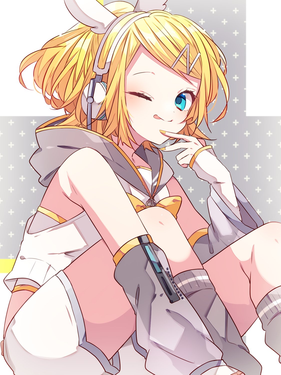 kaho 0102, kagamine rin, vocaloid, commentary, highres, 1girl, ;q, arm warmers, blonde hair, blue eyes, closed mouth, feet out of frame, grey background, grey socks, hair ornament, hairclip, hand up, headset, hood, hood down, hoodie, kagamine rin (nt), looking at viewer, nail polish, one eye closed, short hair, shorts, sitting, sleeveless, sleeveless hoodie, smile, socks, solo, tongue, tongue out, white hoodie, white shorts, yellow nails