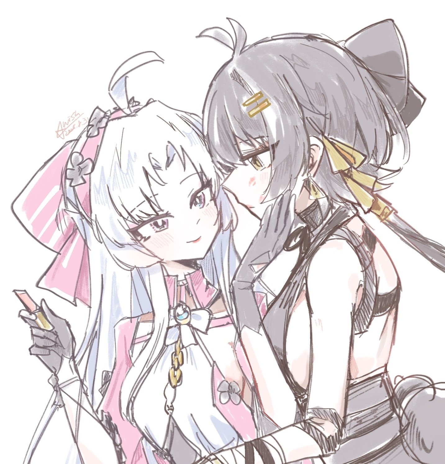 starblame, carlotta (wuthering waves), female rover (wuthering waves), rover (wuthering waves), wuthering waves, commentary request, highres, 2girls, ahoge, black bow, black gloves, black hair, bow, breasts, closed mouth, cosmetics, earrings, eye contact, gloves, hair bow, hair ornament, hair ribbon, hairband, hairclip, hand on another's chin, holding, holding lipstick tube, jewelry, lipstick tube, long hair, looking at another, low ponytail, medium breasts, multiple girls, pangu terminal (wuthering waves), parallel hairclips, parted bangs, pink bow, pink hairband, ponytail, ribbon, simple background, smile, striped bow, triangle earrings, upper body, white background, yellow ribbon