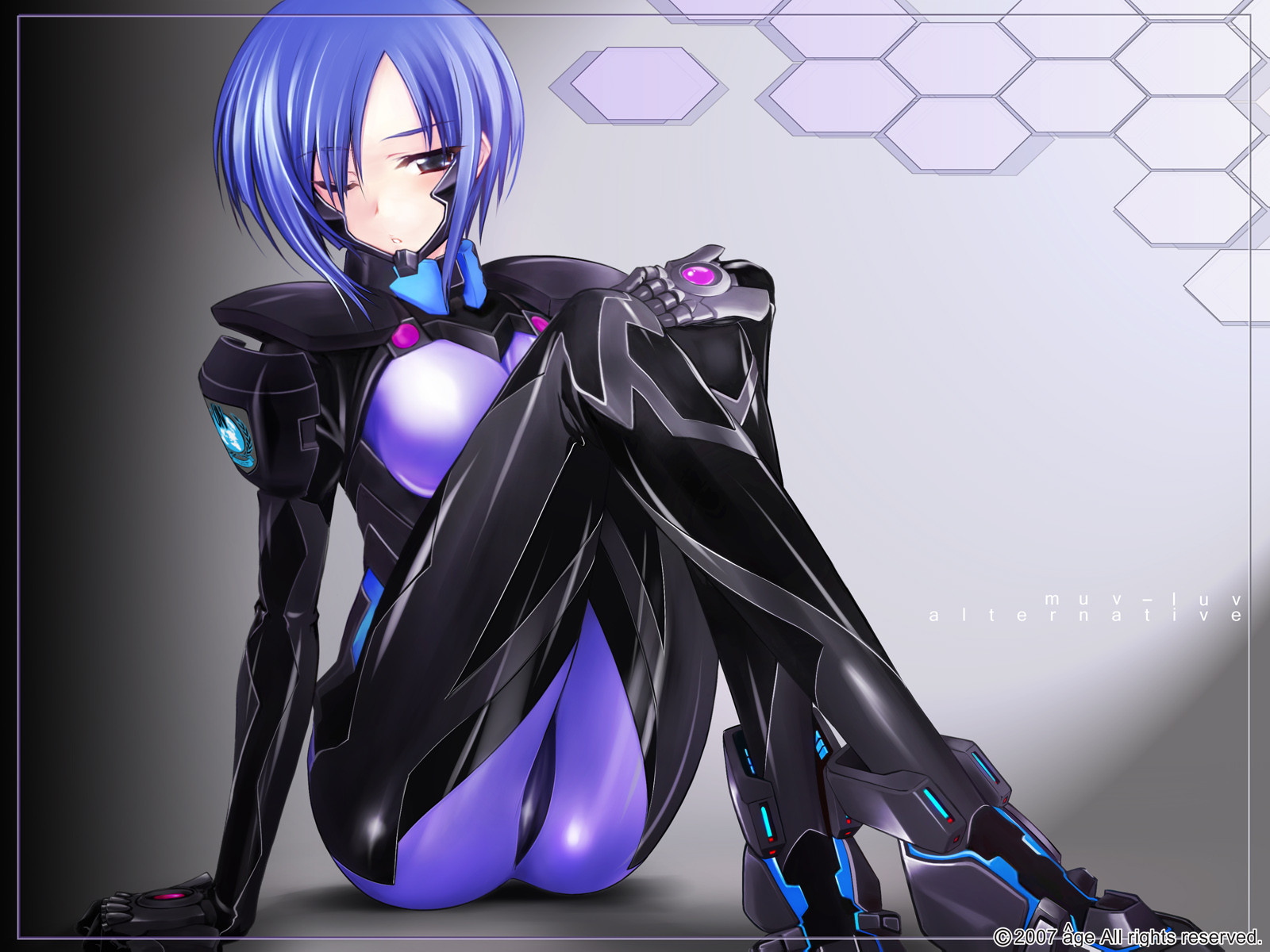 kashiwagi haruko, muv-luv, muv-luv alternative, pilot suit, highres, 1girl, blue hair, bodysuit, female focus, fortified suit, mecha pilot suit, one eye closed, short hair, sitting, skin tight, solo, wink