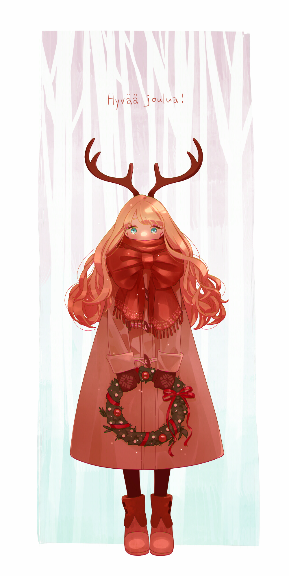 rosa26rana, original, highres, 1girl, antlers, bare tree, black pantyhose, blonde hair, blue eyes, blush, boots, border, bow, brown boots, brown coat, brown gloves, christmas ornaments, christmas wreath, coat, deer antlers, deer girl, finnish text, fringe trim, full body, gloves, holding, holding wreath, horns, long hair, long sleeves, looking at viewer, outside border, pantyhose, parted bangs, red ribbon, red scarf, ribbon, scarf, scarf bow, snowing, solo, standing, straight-on, toggles, tree, wavy hair, white border, wide-eyed, winter clothes, wreath