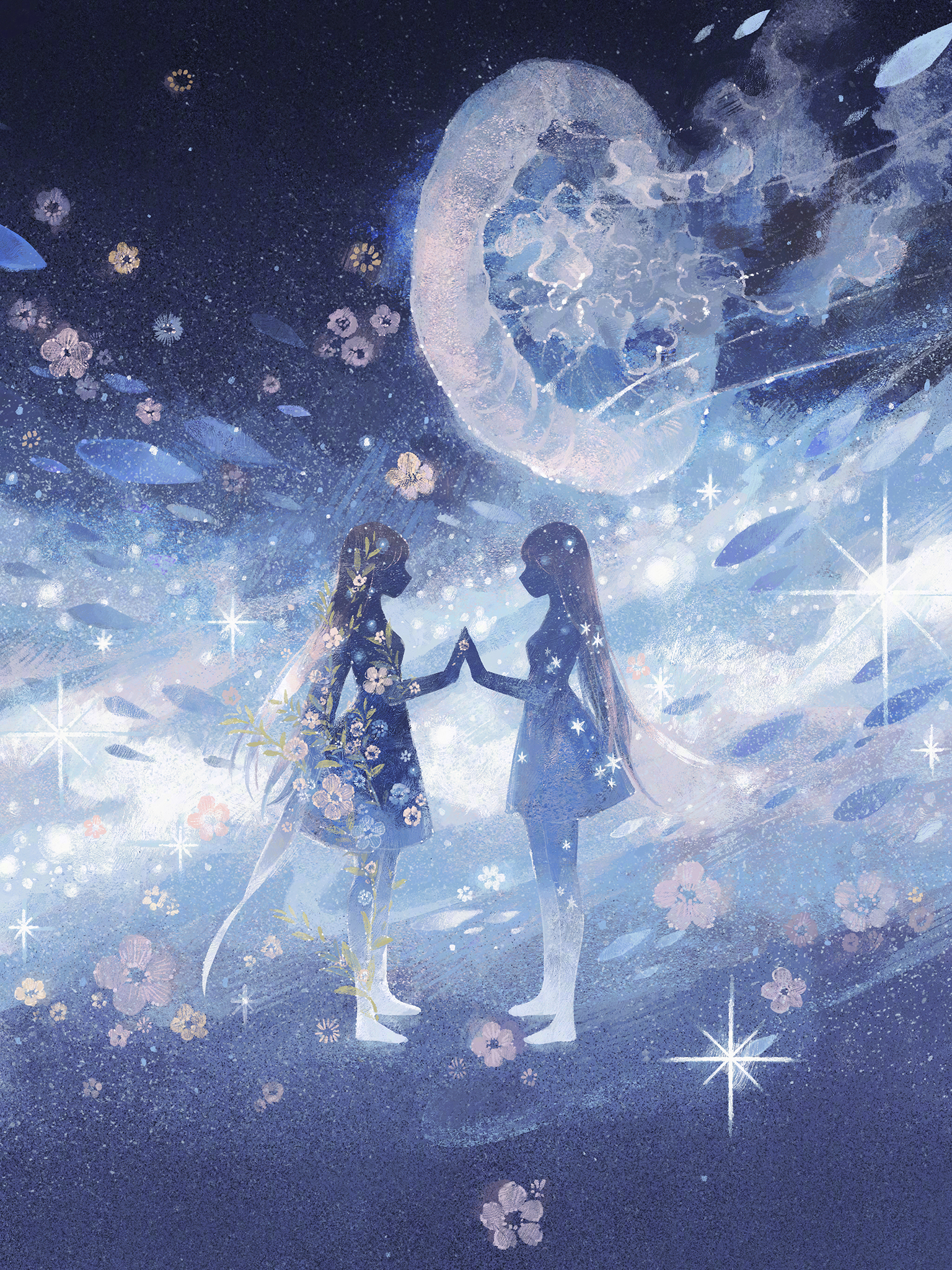 miracle nikki, nikki (series), artist request, character request, game cg, highres, official art, 2girls, absurdly long hair, blue theme, boots, dress, faceless, faceless female, fish, flower, flying fish, full body, galaxy, holding hands, jellyfish, long hair, multiple girls, pink flower, plant, pointy nose, short dress, space, standing, star (sky), very long hair, vines