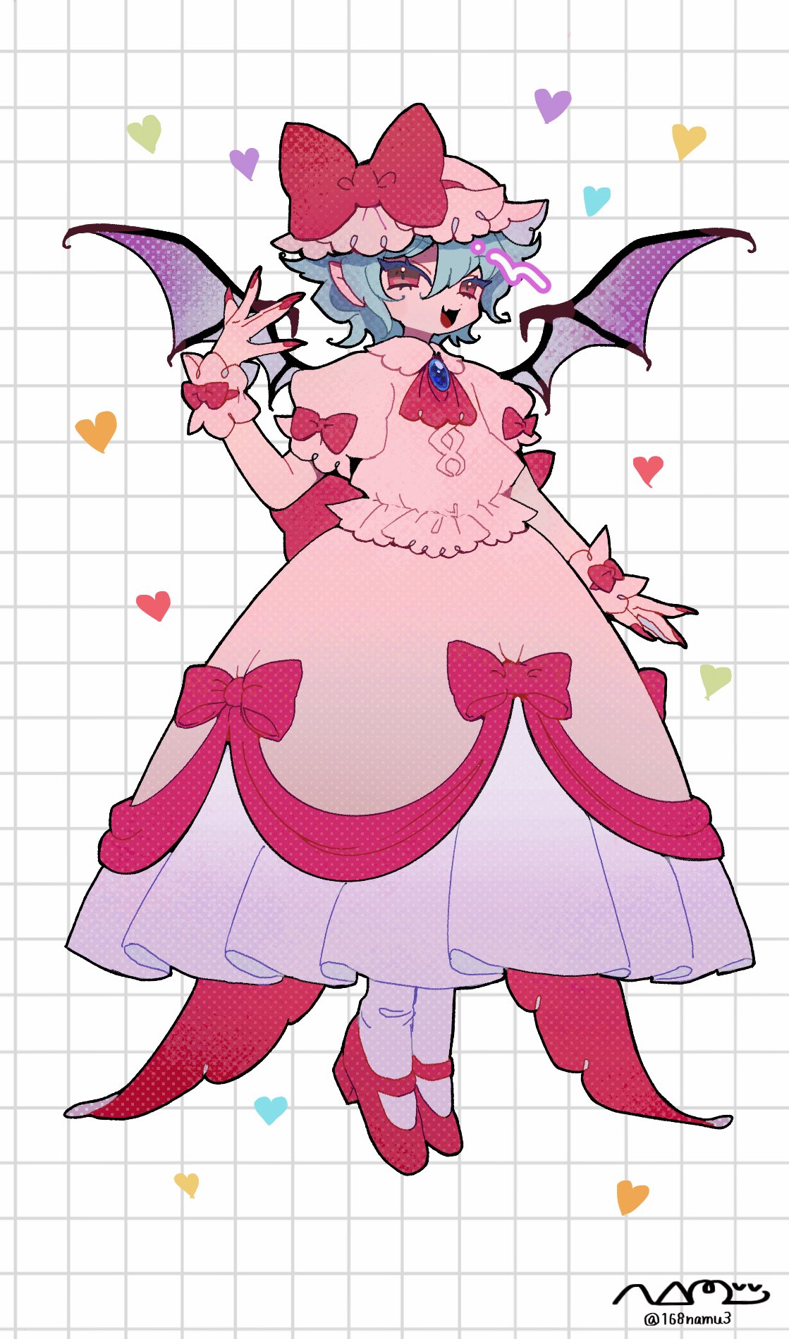 remilia scarlet, touhou, highres, 168namu3, 1girl, bat wings, blue hair, dress, fang, frills, full body, hair between eyes, hand up, hat, looking at viewer, mob cap, nail polish, neckerchief, open mouth, pink dress, red eyes, red nails, red neckerchief, red shoes, shoes, short hair, short sleeves, skin fang, smile, socks, solo, vampire, white socks, wings, wrist cuffs