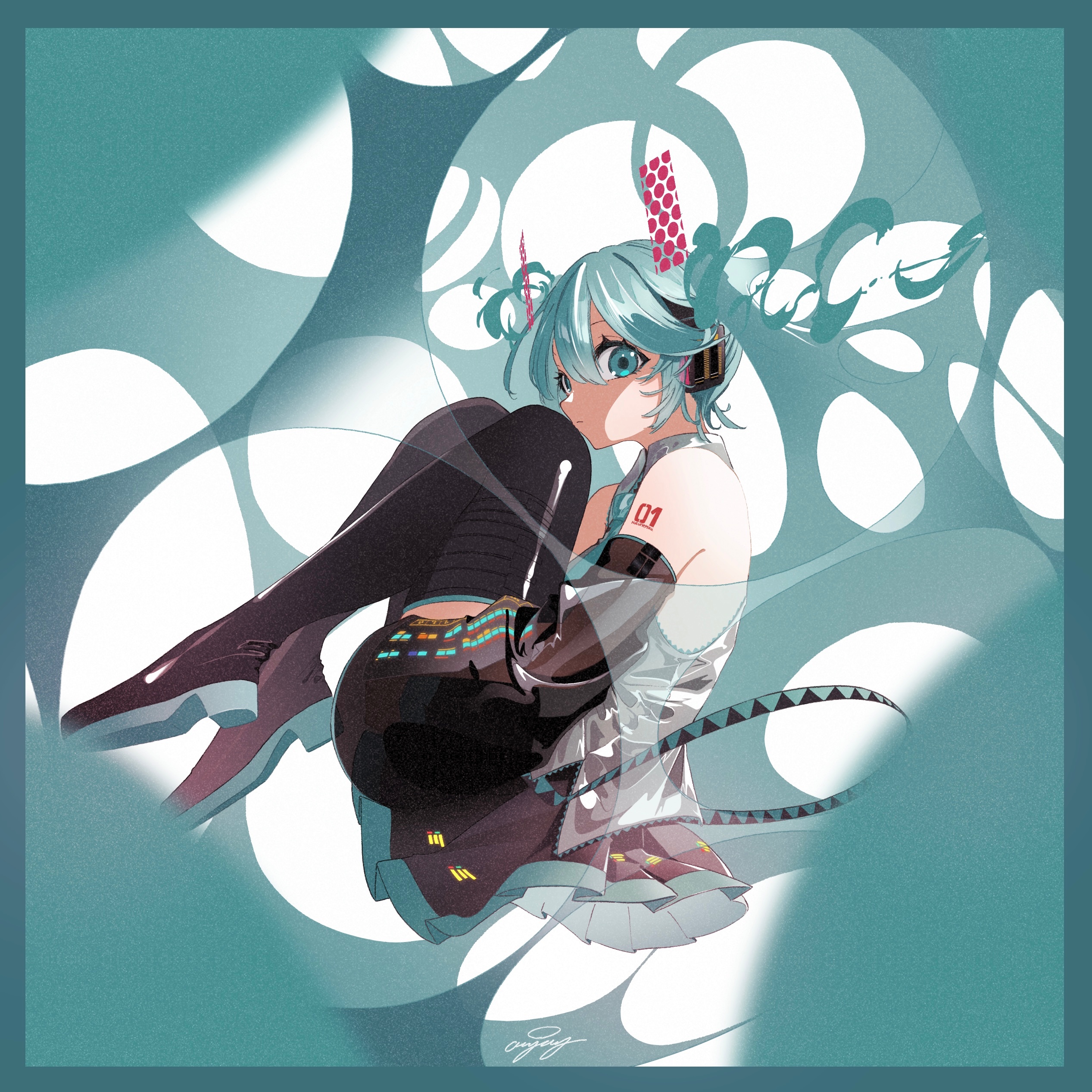 airy.i.ray, hatsune miku, vocaloid, absurdres, commentary, highres, 1girl, aqua background, aqua eyes, aqua hair, arm tattoo, artist name, black boots, black skirt, boots, closed mouth, detached sleeves, floating, headphones, looking at viewer, number tattoo, pleated skirt, simple background, skirt, solo, tattoo, thigh boots, two-tone background, white background