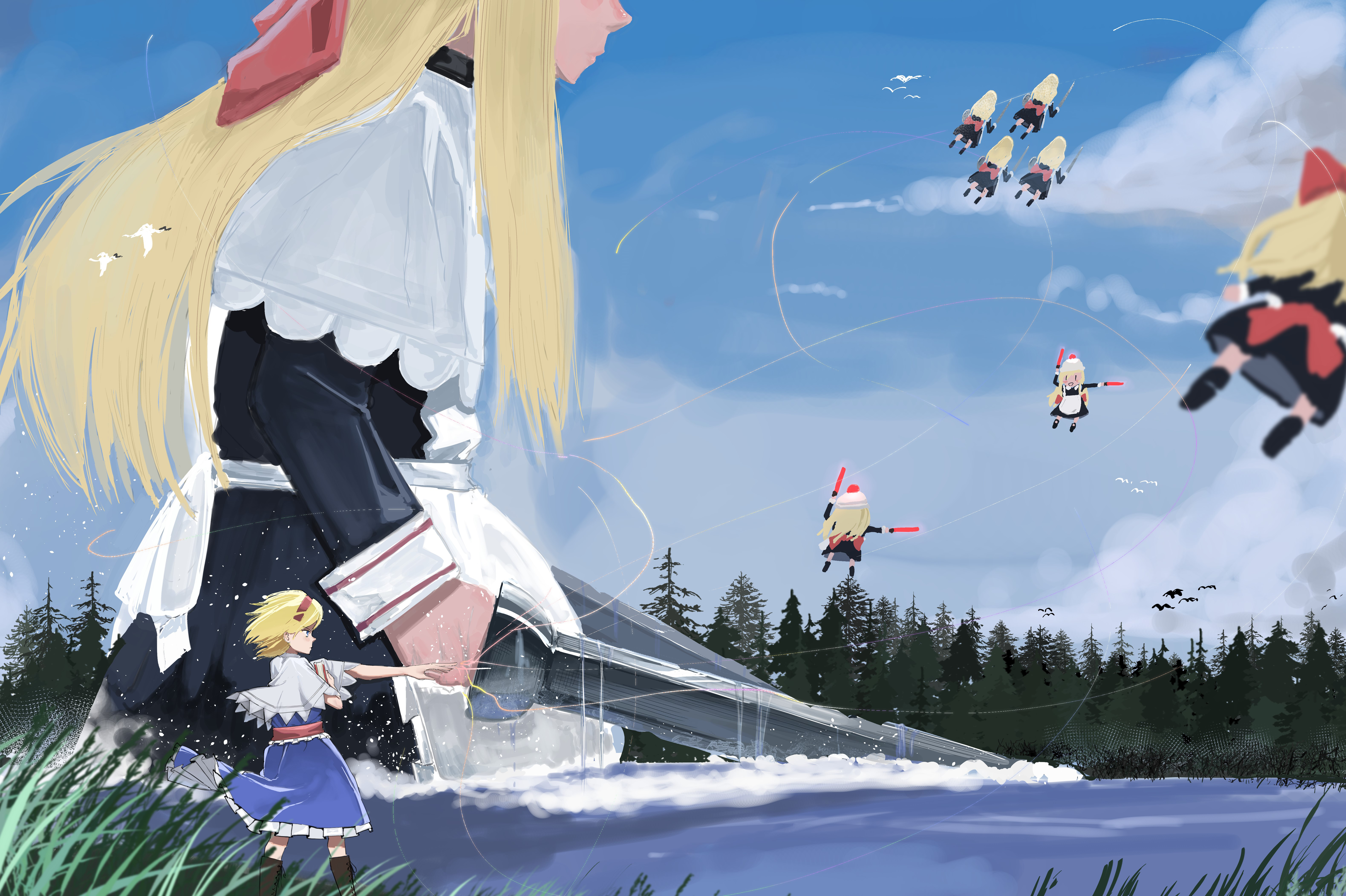 wwo3302, alice margatroid, goliath doll, shanghai doll, touhou, absurdres, commentary, highres, 1girl, bird, black boots, blonde hair, blue dress, blue sky, book, boots, capelet, cloud, day, doll, dress, dual wielding, forest, frilled sash, hairband, holding, holding book, holding sword, holding weapon, nature, outdoors, puppet strings, red hairband, sash, sky, solo, sword, traffic baton, water, weapon, white capelet