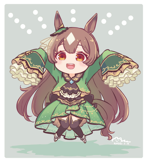mizuki maya, satono diamond (umamusume), umamusume, commentary, 1girl, :d, animal ears, black thighhighs, brown hair, colored shadow, dated, double-parted bangs, full body, green jacket, green skirt, grey background, horse ears, horse girl, horse tail, jacket, long hair, long sleeves, open clothes, open jacket, open mouth, orange eyes, shadow, signature, simple background, skirt, sleeves past fingers, sleeves past wrists, smile, solo, tail, teeth, thighhighs, upper teeth only, very long hair