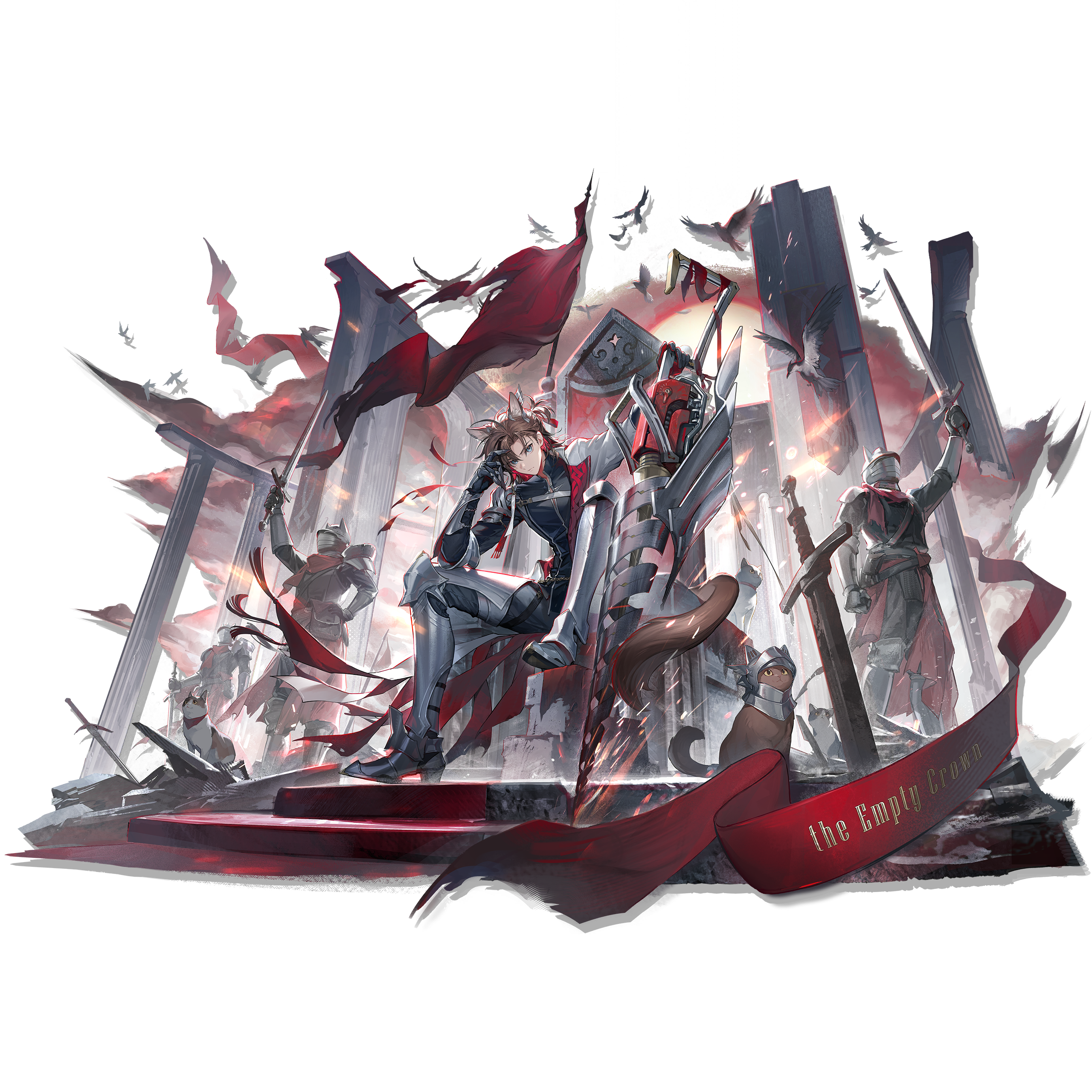 kang yiqian (self cultivation), tuxedo cat, stainless (arknights), stainless (empty crown) (arknights), ambience synesthesia, arknights, absurdres, highres, official art, third-party source, 1boy, animal, animal ears, bishounen, blue eyes, brown cat, brown hair, calico (pattern), calico cat, cat, cat boy, cat ears, cat tail, closed mouth, full body, grey cat, looking at viewer, male focus, serious, simple background, sitting, solo, tail, transparent background