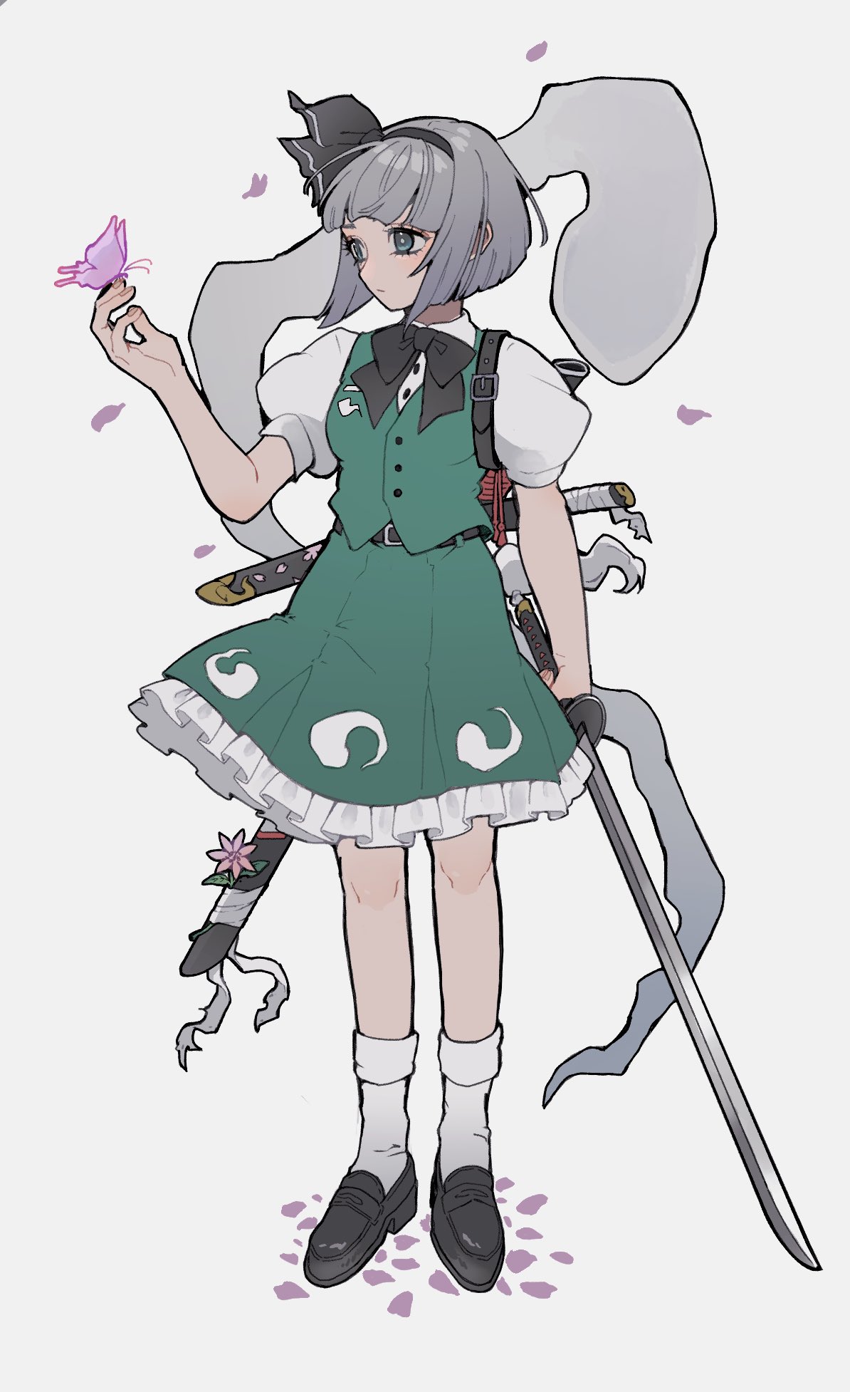 konpaku youmu, konpaku youmu (ghost), touhou, highres, 168namu3, 1girl, black bow, black bowtie, black shoes, blue eyes, bow, bowtie, bug, butterfly, butterfly on hand, expressionless, frills, full body, green skirt, green vest, grey hair, hairband, hand up, holding, holding sword, holding weapon, insect, katana, medium hair, pink petals, shirt, shoes, short sleeves, skirt, socks, solo, sword, vest, weapon, white shirt, white socks, youmu day