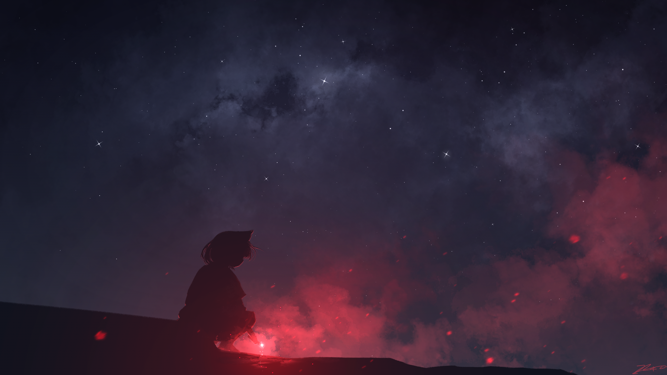 rune xiao, original, commentary request, highres, 1girl, animal ears, cat ears, fire, holding, landscape, milky way, night, night sky, outdoors, scenery, short hair, signature, silhouette, sitting, sky, smoke, smoke grenade, smoke trail, solo, star (sky), starry sky