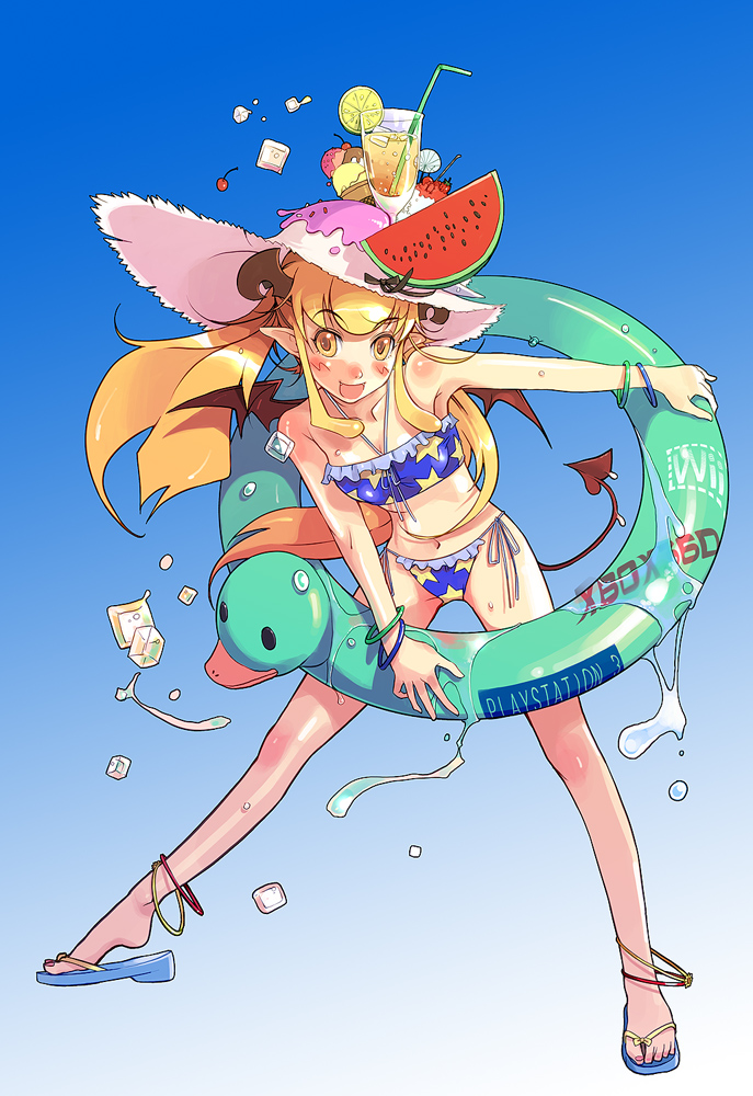vofan, original, 1girl, anklet, armpits, bad feet, bat wings, bikini, blonde hair, bracelet, demon girl, feet, female focus, flip-flops, food, food as clothes, fruit, hat, horns, ice, ice cube, innertube, jewelry, legs, long hair, open mouth, pointy ears, sandals, solo, swim ring, swimsuit, tail, watermelon, wings, yellow eyes