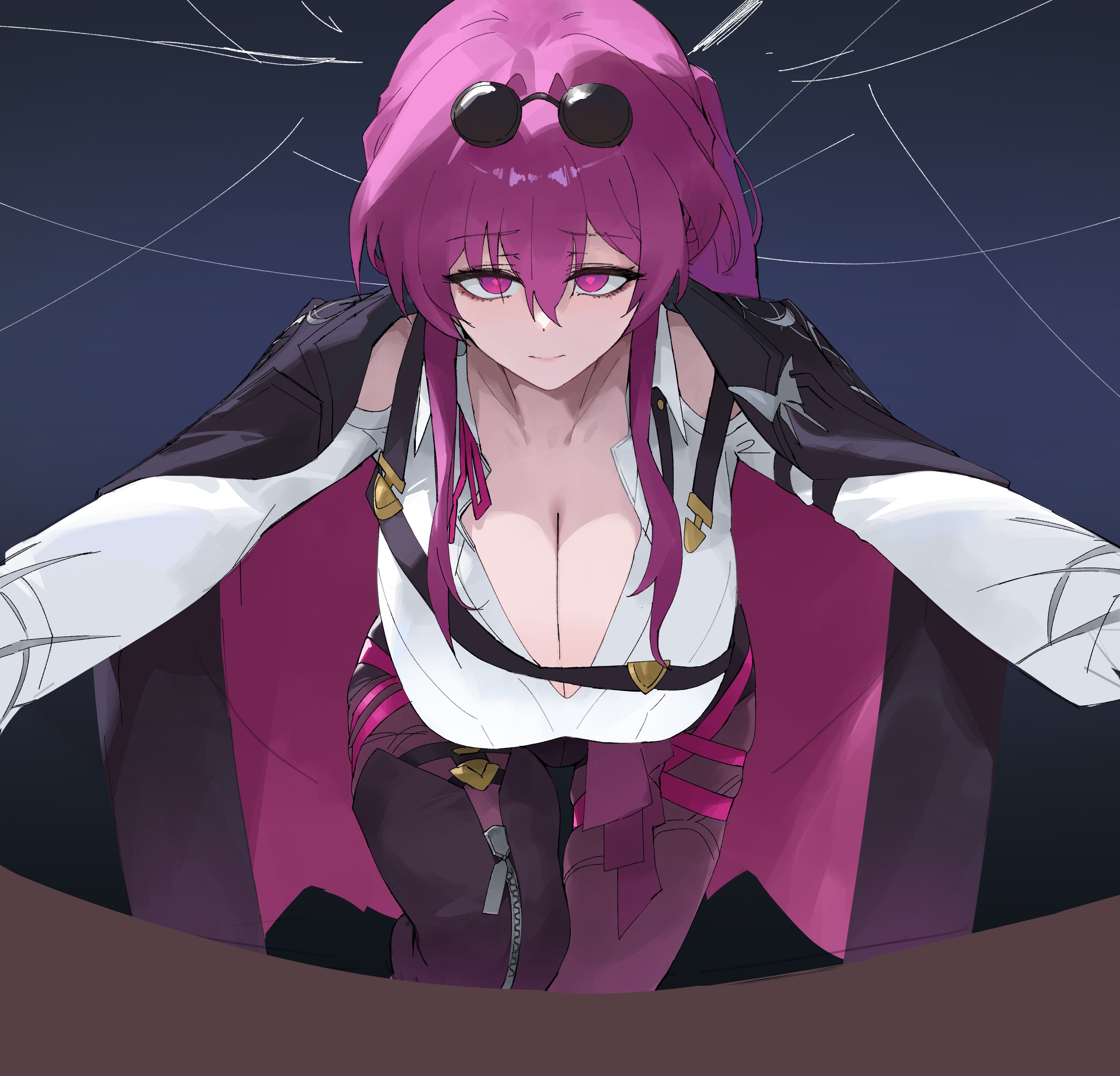 dokshuri, kafka (honkai: star rail), honkai: star rail, honkai (series), absurdres, highres, 1girl, bare shoulders, black jacket, black shorts, boots, breasts, cleavage, clothing cutout, collared shirt, dot nose, eyelashes, eyewear on head, furrowed brow, hair between eyes, huge breasts, jacket, long hair, long sleeves, looking at viewer, pantyhose, purple eyes, purple hair, purple pantyhose, round eyewear, shirt, shorts, shoulder cutout, solo, sunglasses, thigh boots, white shirt