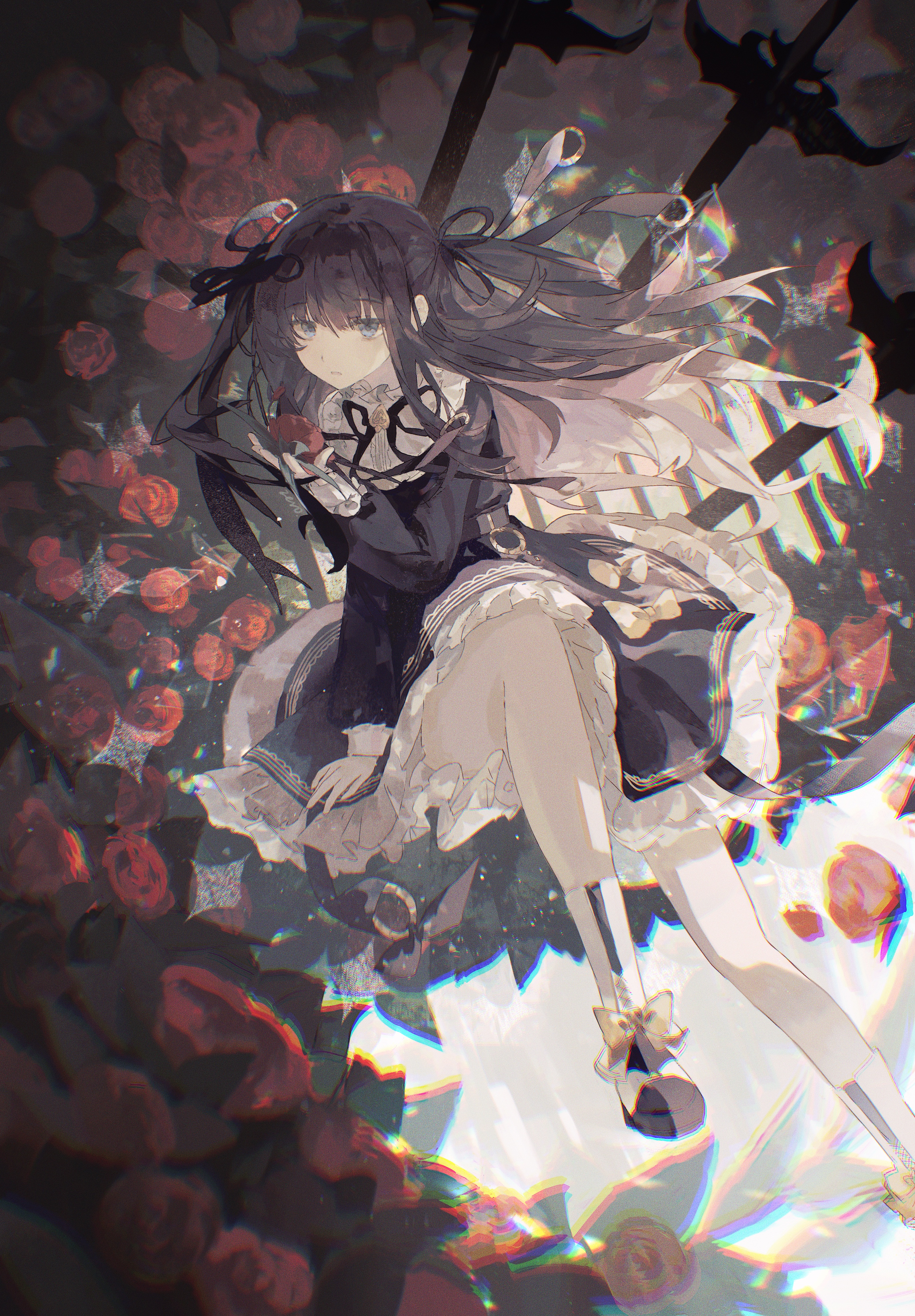 tairitsu (arcaea), tairitsu (axium) (arcaea), arcaea, absurdres, highres, 1girl, :o, black dress, black hair, black ribbon, black shoes, blue eyes, bow, bowtie, dress, flower, frilled dress, frilled shirt collar, frills, full body, hair intakes, hair ribbon, lacrymira 0, long hair, long sidelocks, long sleeves, looking at viewer, multicolored shoes, pink flower, pink rose, print dress, ribbon, rose, shoes, sidelocks, solo, spade (shape), thighhighs, two-tone shoes, white shoes, yellow bow, yellow bowtie, zettai ryouiki