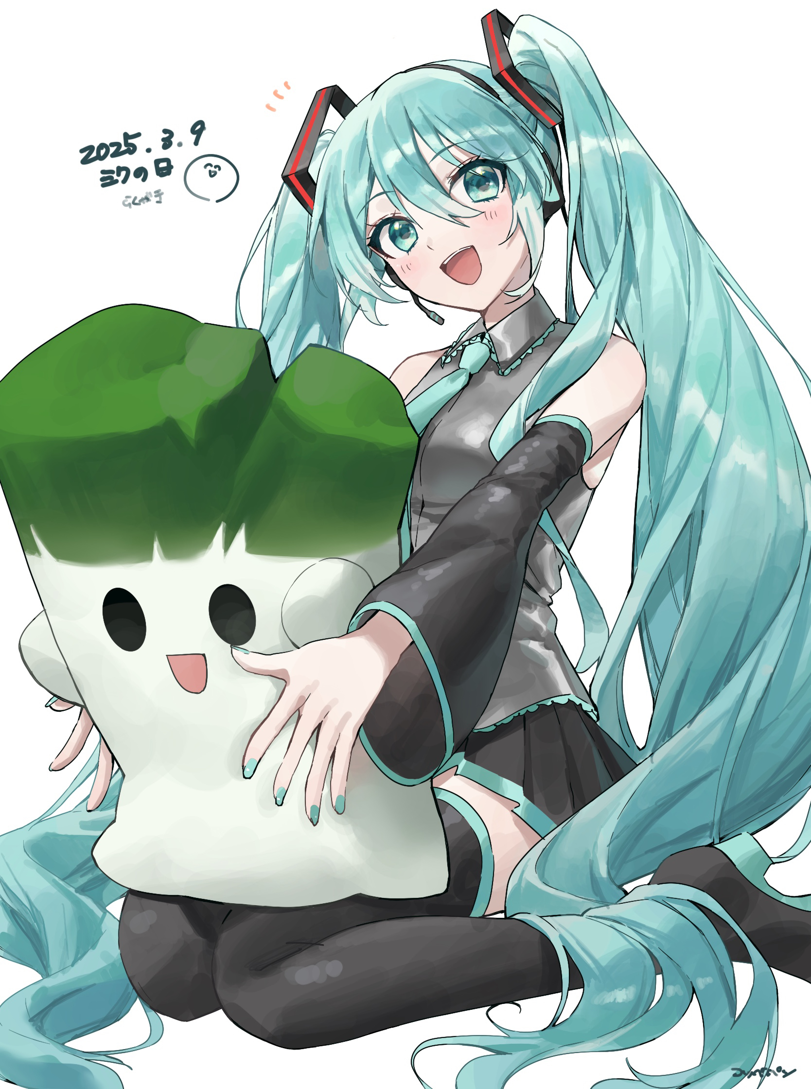 coppepan, hatsune miku, vocaloid, commentary, highres, 1girl, :d, bare shoulders, black boots, black skirt, black sleeves, blue eyes, blue hair, blue necktie, blush, boots, collared shirt, dated, detached sleeves, grey shirt, hair between eyes, long hair, long sleeves, looking at viewer, miku day, miniskirt, necktie, notice lines, open mouth, pleated skirt, shirt, simple background, sitting, skirt, sleeveless, sleeveless shirt, smile, solo, spring onion, thigh boots, twintails, wariza, white background