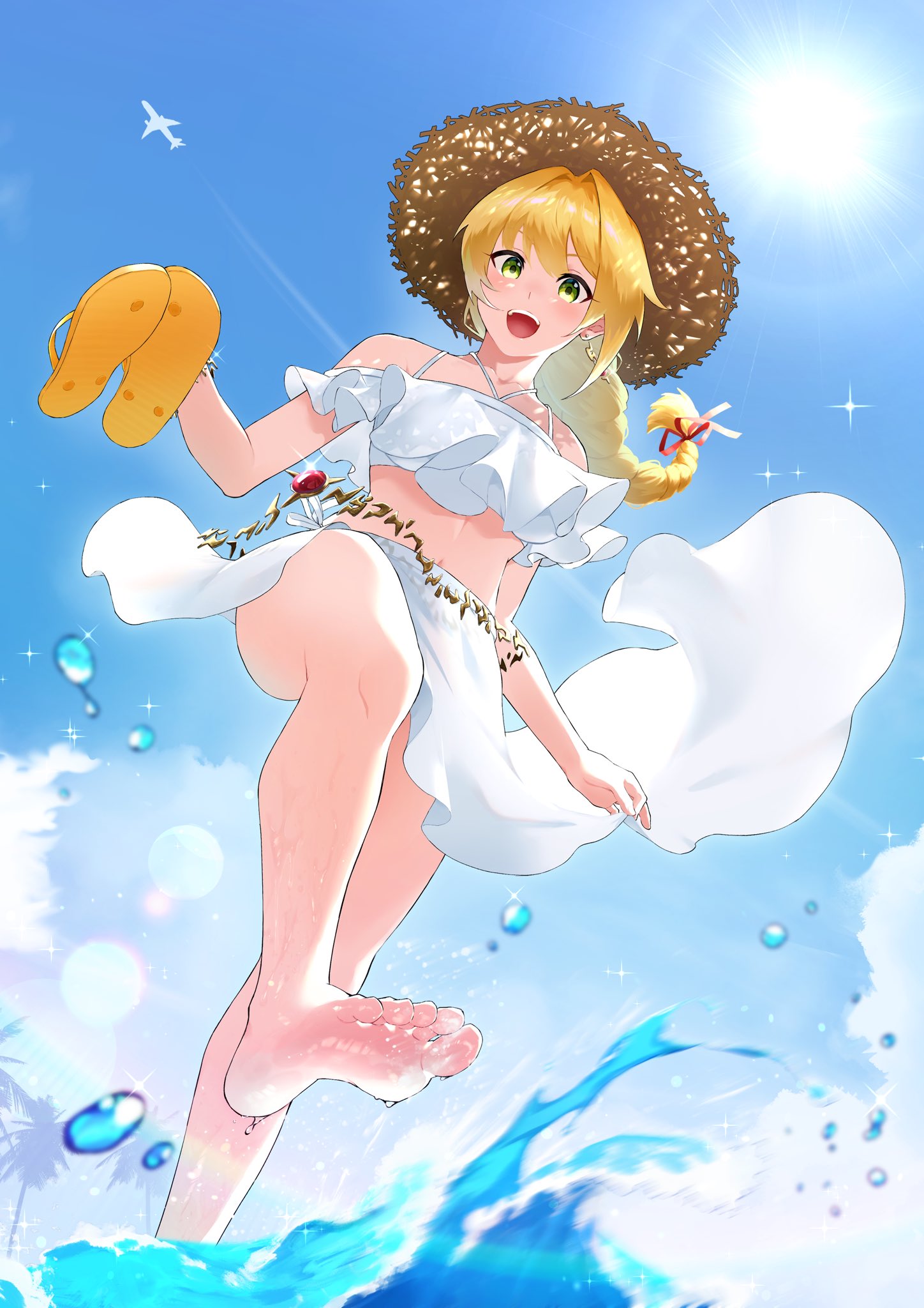 hidariude, original, hashtag-only commentary, highres, 1girl, barefoot, bikini, blonde hair, blue sky, braid, choppy bangs, day, feet, floating clothes, floating hair, foot up, from below, green eyes, hair intakes, hair ribbon, hat, holding, holding unworn clothes, long hair, looking at viewer, looking down, midriff, navel, open mouth, outdoors, red ribbon, ribbon, ruffle bikini, sandals, sarong, shoes, single braid, sky, smile, soles, solo, sparkle, splashing, straw hat, sun, swept bangs, swimsuit, toes, unworn shoes, wading, water, white bikini, white sarong, wind, yellow shoes