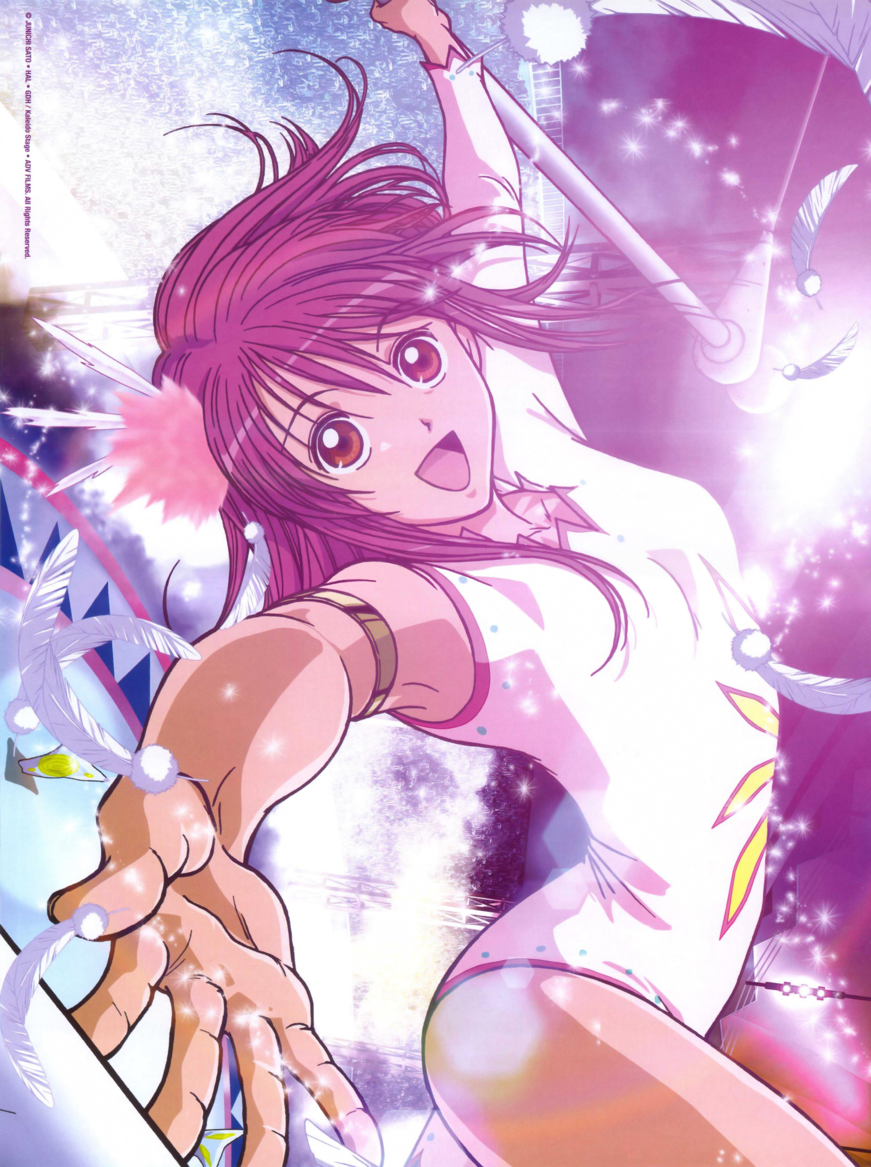 naegino sora, kaleido star, absurdres, highres, official art, scan, 00s, 1girl, feathers, female focus, leotard, looking at viewer, solo, trapeze (object)