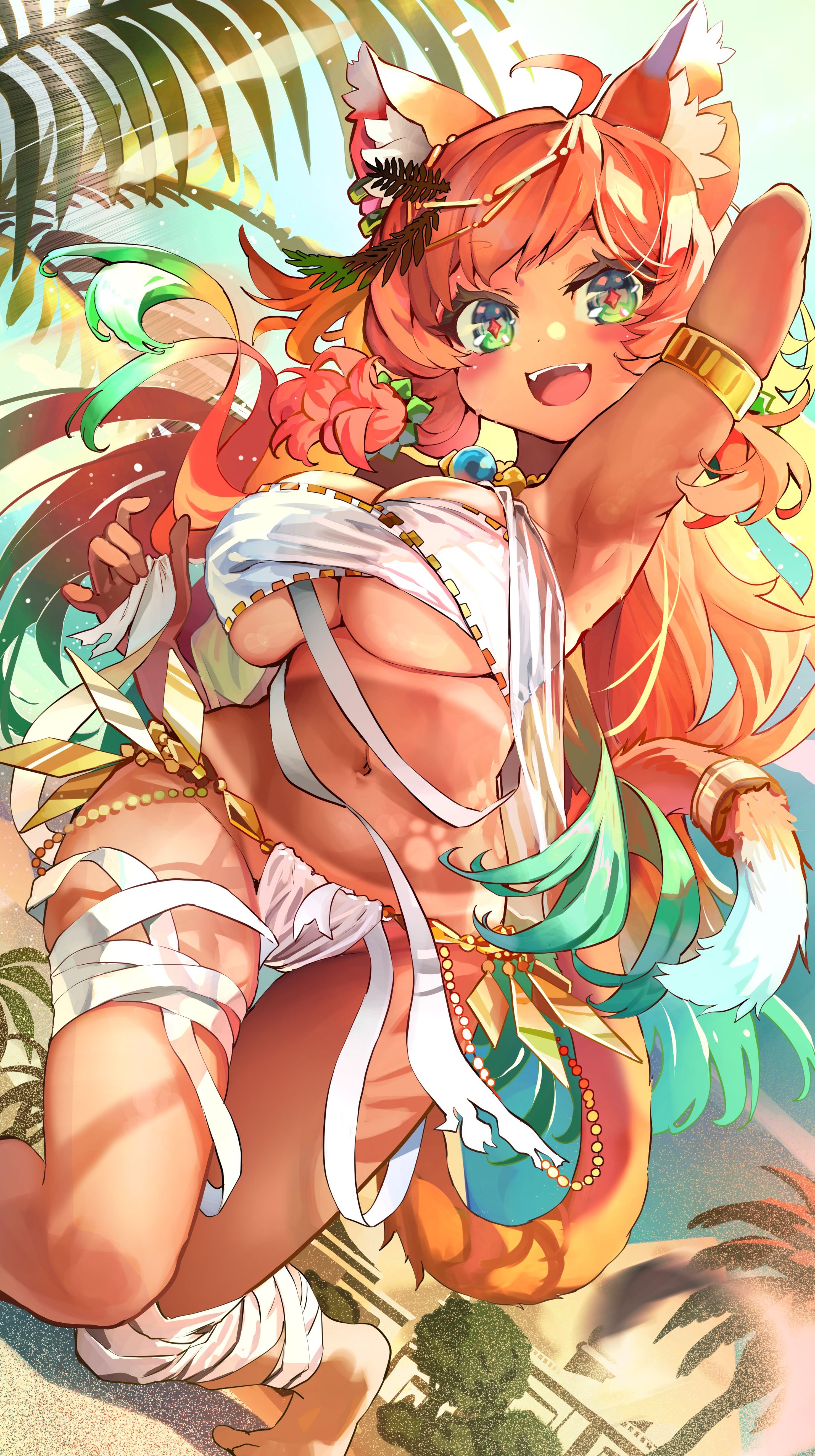 melaton, mozumi pichi, v-dere, gold armlet, absurdres, highres, second-party source, 1girl, ahoge, animal ear fluff, animal ears, arm behind head, armpits, bandaged leg, bandages, barefoot, blush, breasts, diamond-shaped pupils, diamond (shape), gradient hair, green eyes, green hair, hair ornament, leaf hair ornament, multicolored hair, navel, open mouth, orange hair, palm tree, paw print, red pupils, shadow, smile, solo, symbol-shaped pupils, tail, tan, tanline, teeth, thigh gap, tree, upper teeth only, virtual youtuber, wolf ears, wolf girl