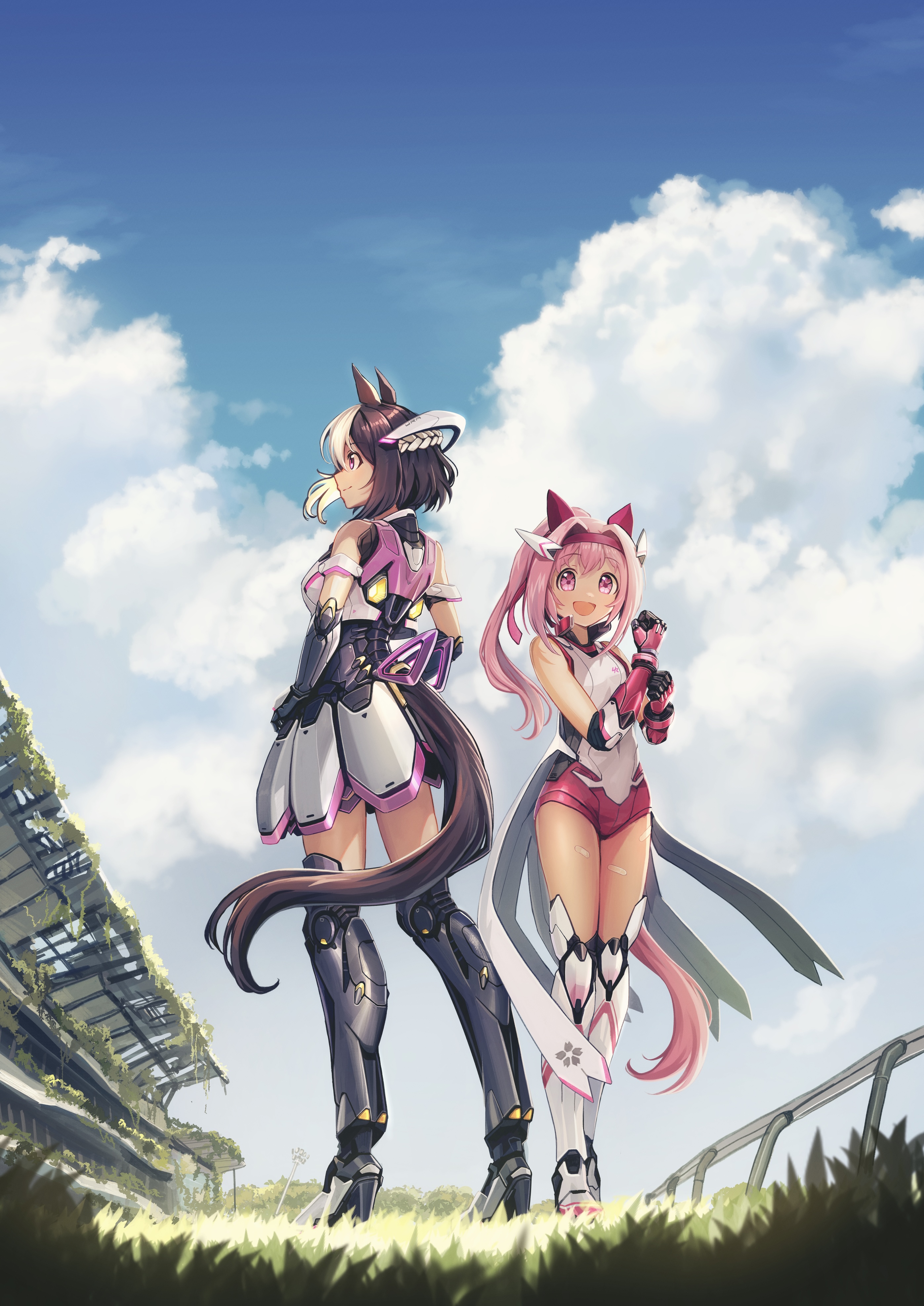 ponpochi, haru urara (umamusume), special week (umamusume), umamusume, absurdres, highres, 2girls, abandoned, animal ears, brown hair, building, cloud, dilapidated, gloves, grass, hairband, horse ears, horse girl, horse tail, long hair, mechanical arms, mechanical legs, moss, multicolored hair, multiple girls, open mouth, overgrown, pink eyes, pink hair, plant, ponytail, short hair, sky, smile, special week (racing) (umamusume), tail, two-tone hair, vines, white hair