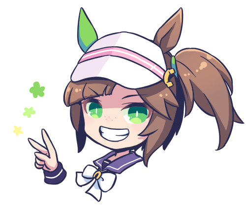 mizuki maya, ines fujin (umamusume), umamusume, commentary, lowres, 1girl, bow, bowtie, bright pupils, brown hair, cropped head, ear covers, flower symbol, green eyes, grin, looking at viewer, purple sailor collar, rayman limbs, sailor collar, school uniform, short hair, side ponytail, sidelocks, simple background, single ear cover, smile, solo, tracen school uniform, v, visor cap, white background, white bow, white bowtie, white pupils, winter uniform