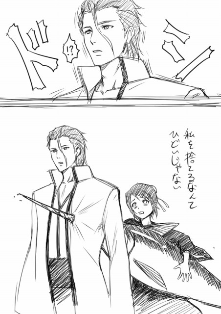 mosha, aizen sousuke, hinamori momo, bleach, gintama, translated, 1boy, 1girl, alternate weapon, blood, fish, greyscale, hair between eyes, monochrome, parody, role reversal, sketch, stab, swordfish, weapon, what, yandere