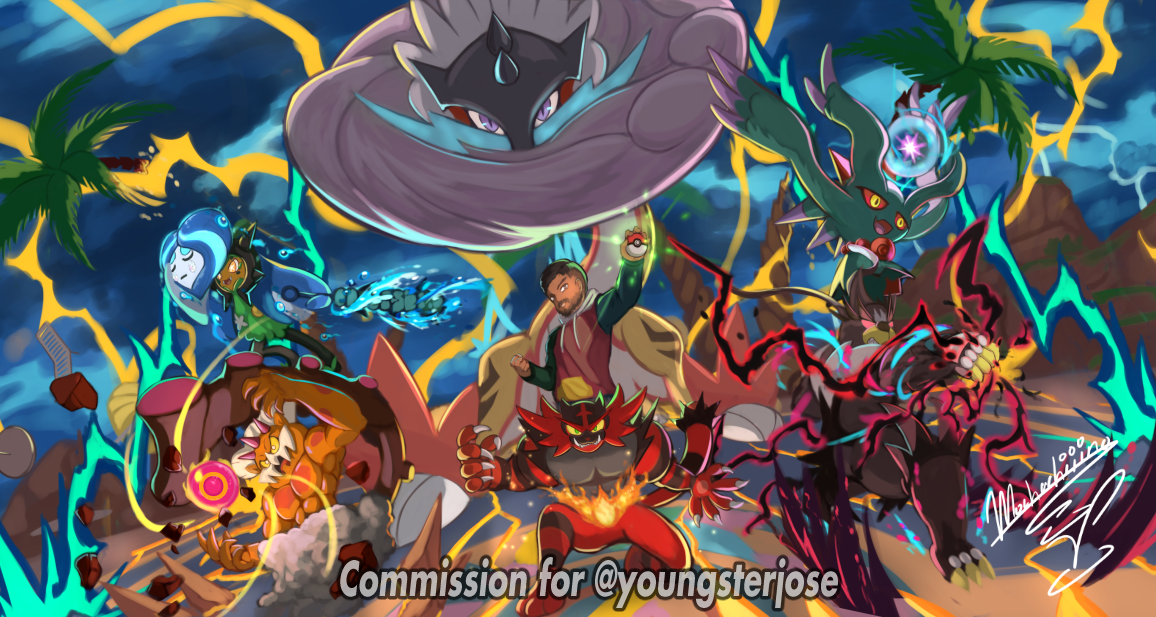 mochachiiino, flutter mane, incineroar, landorus, landorus (incarnate), ogerpon, ogerpon (wellspring mask), raging bolt, urshifu, urshifu (single), nintendo, pokemon, commission, arm up, brown hair, claws, clenched hand, cloud, cloudy sky, club, club (weapon), colored sclera, commissioner name, dark-skinned male, dark skin, debris, electricity, energy ball, facial hair, fang, fire, floating, gen 5 pokemon, gen 7 pokemon, gen 8 pokemon, green eyes, holding, holding club, holding poke ball, holding weapon, hood, hood down, hoodie, legendary pokemon, life orb, long sleeves, mask, open mouth, outdoors, palm tree, poke ball, poke ball (basic), punching, purple eyes, red sclera, sharp teeth, short hair, signature, skin fang, sky, slit pupils, smile, spiked club, teeth, tree, water, weapon, yellow eyes, yellow sclera
