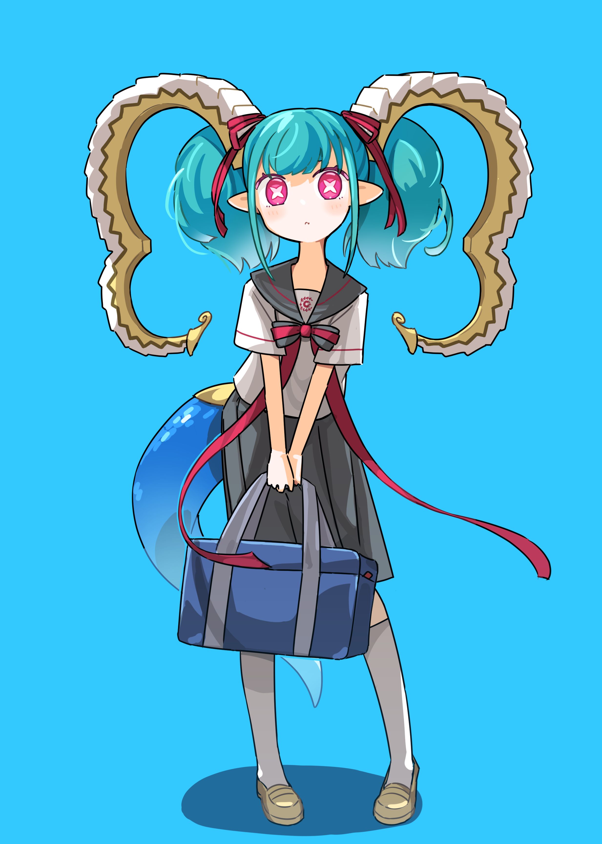 marlowe, larva tiamat (fate), tiamat (fate), fate/grand order, fate (series), absurdres, commentary request, highres, 1girl, bag, blue background, blue bag, blue hair, blush, bow, bright pupils, closed mouth, contrapposto, curled horns, full body, grey bow, grey sailor collar, grey skirt, hair ribbon, holding, holding bag, horns, kneehighs, larva tiamat (swimsuit archer) (second ascension) (fate), loafers, long hair, looking at viewer, pigeon-toed, pink eyes, pleated skirt, pointy ears, red ribbon, ribbon, sailor collar, school bag, school uniform, serafuku, shadow, shirt, shoes, short sleeves, simple background, skirt, socks, solo, standing, symbol-shaped pupils, tail, twintails, v arms, white pupils, white shirt, white socks, x-shaped pupils, yellow shoes