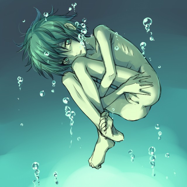 mosha, sai, naruto (series), naruto shippuuden, 1girl, ass, barefoot, completely nude, feet, female focus, full body, genderswap, genderswap (mtf), gradient background, nude, pussy, skinny, solo, toe scrunch, toes, uncensored, underwater