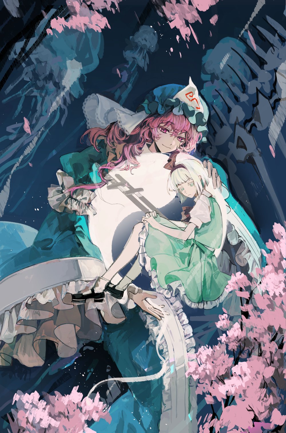 xian qishui, konpaku youmu, konpaku youmu (ghost), saigyouji yuyuko, touhou, highres, 2girls, black bow, black hairband, black shoes, blue hat, bow, bow hairband, cherry blossoms, frilled skirt, frills, full body, green skirt, green vest, hairband, hands on own knees, hat, long hair, looking at another, mob cap, multiple girls, pink eyes, pink hair, puffy short sleeves, puffy sleeves, shoes, short hair, short sleeves, skirt, skirt set, vest, white hair
