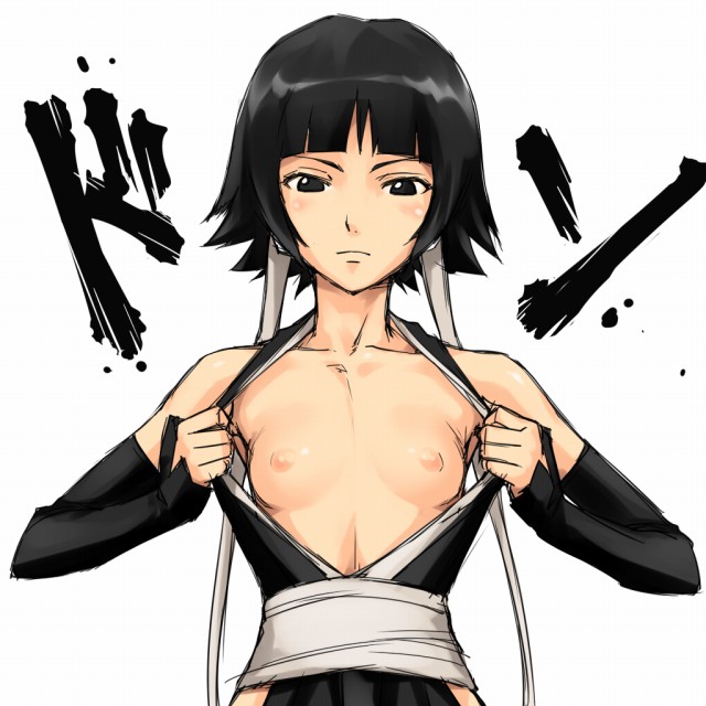 mosha, sui-feng, bleach, 00s, 1girl, bare shoulders, black eyes, black hair, blunt bangs, blush, breasts, collarbone, detached sleeves, expressionless, female focus, gloves, looking at viewer, nipples, no bra, open clothes, petite, puffy nipples, short hair, short hair with long locks, simple background, small breasts, solo, twintails, white background