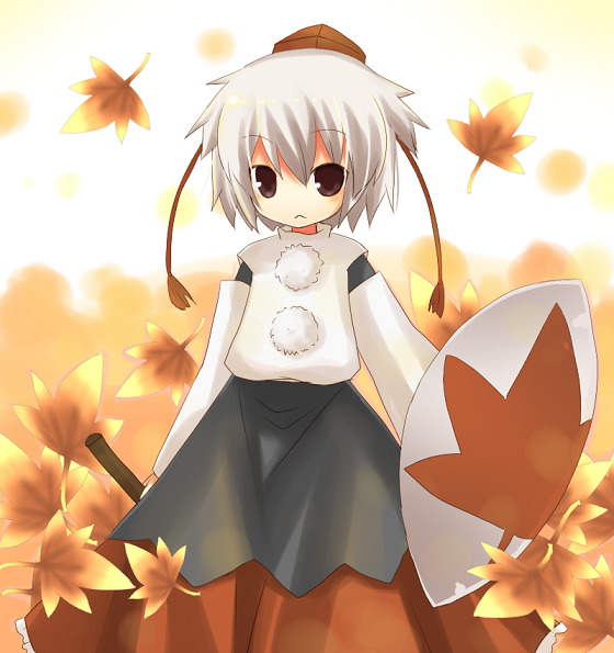 yuzuki (yuduame), inubashiri momiji, touhou, bad id, bad pixiv id, 1girl, female focus, hat, leaf, long skirt, pom pom (clothes), shield, skirt, solo, tokin hat