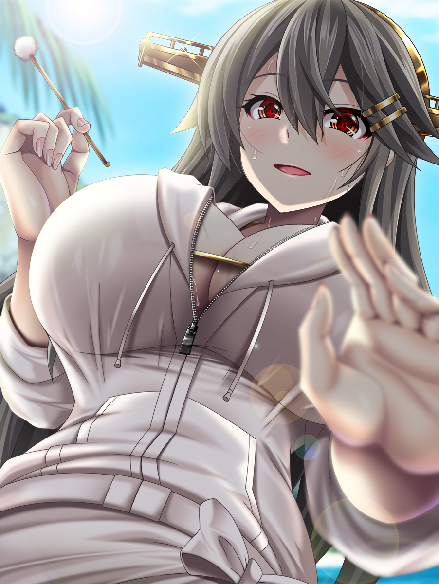militia minpei, haruna (2016 swimsuit) (kancolle), haruna (kancolle), kantai collection, highres, 1girl, bikini, black hair, blush, breasts, ear cleaning, foreshortening, from below, gold bikini, hairband, hood, hooded jacket, hoodie, jacket, large breasts, looking at viewer, mimikaki, open mouth, red eyes, smile, solo, swimsuit, upper body