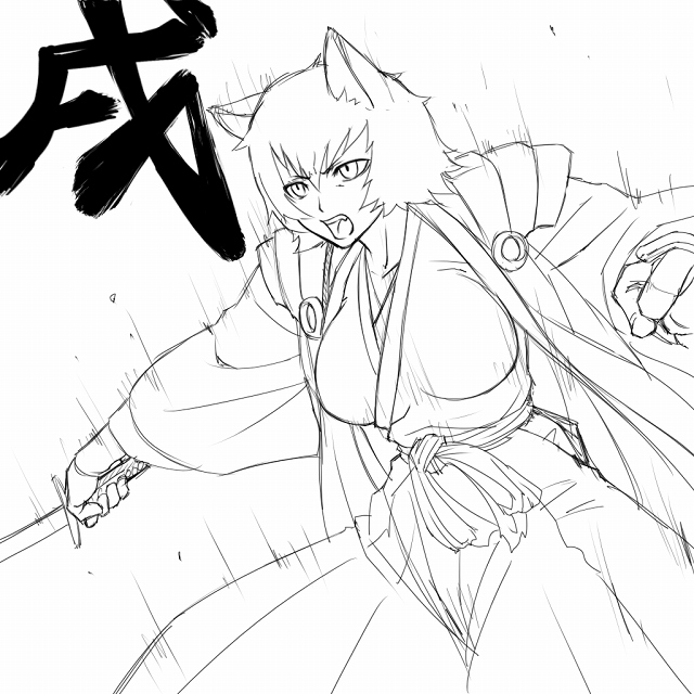 mosha, komamura sajin, bleach, gender request, 00s, 1girl, animal ears, breasts, female focus, genderswap, greyscale, huge breasts, japanese clothes, large breasts, monochrome, open mouth, short hair, solo, sword, weapon, wolf ears