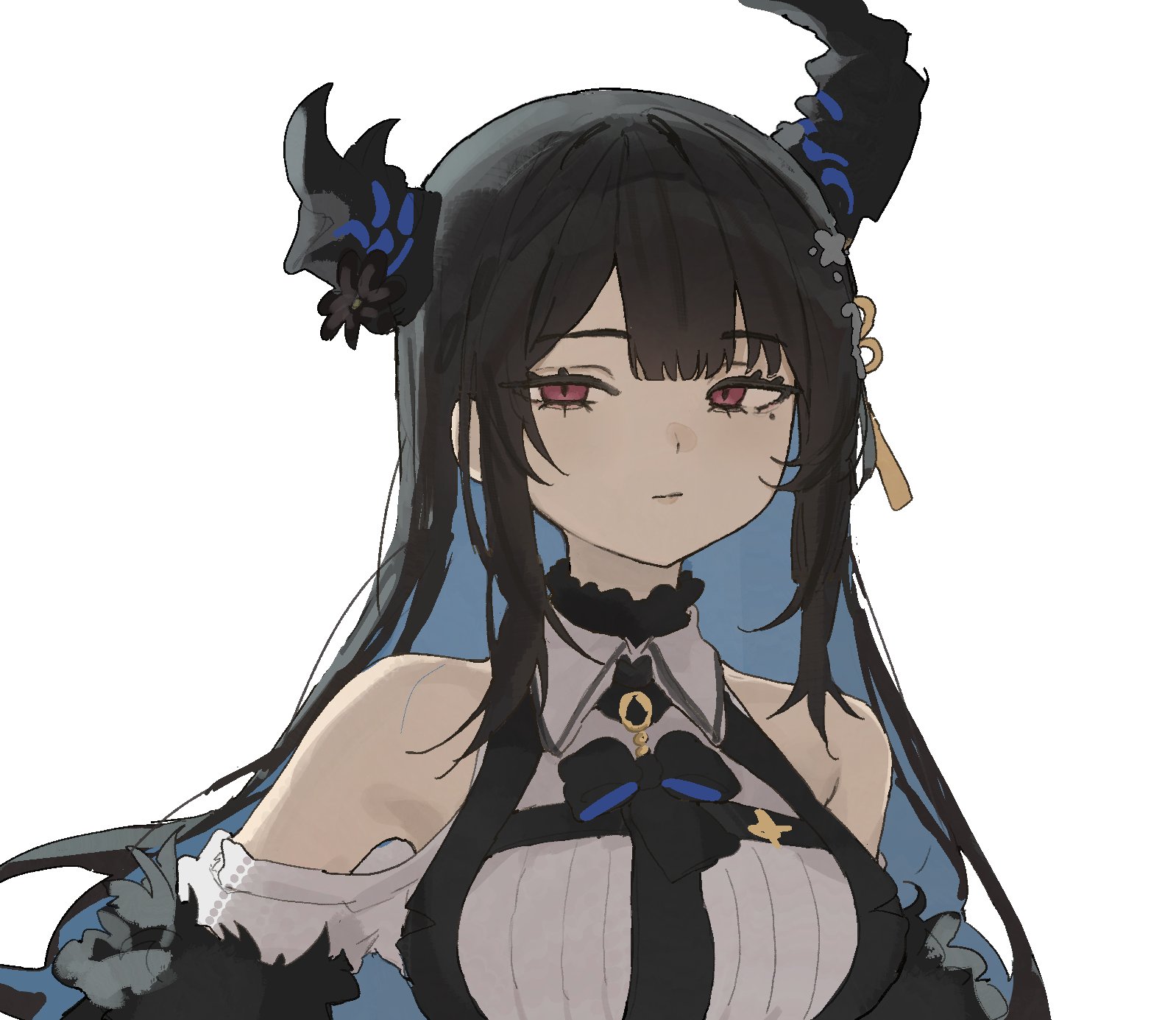arch 05x, nerissa ravencroft, nerissa ravencroft (1st costume), hololive, hololive english, highres, 1girl, asymmetrical horns, bare shoulders, black bow, black bowtie, black flower, black hair, black jacket, blue hair, bow, bowtie, breast strap, breasts, closed mouth, clothing cutout, collared shirt, colored inner hair, demon horns, dress shirt, facing viewer, flower, fur trim, hair ornament, horn flower, horns, jacket, large breasts, long hair, looking at viewer, mole, mole under eye, multicolored hair, red eyes, ribbed shirt, shirt, shoulder cutout, sidelocks, simple background, solo, swept bangs, tassel, tassel hair ornament, upper body, virtual youtuber, white hair, white shirt