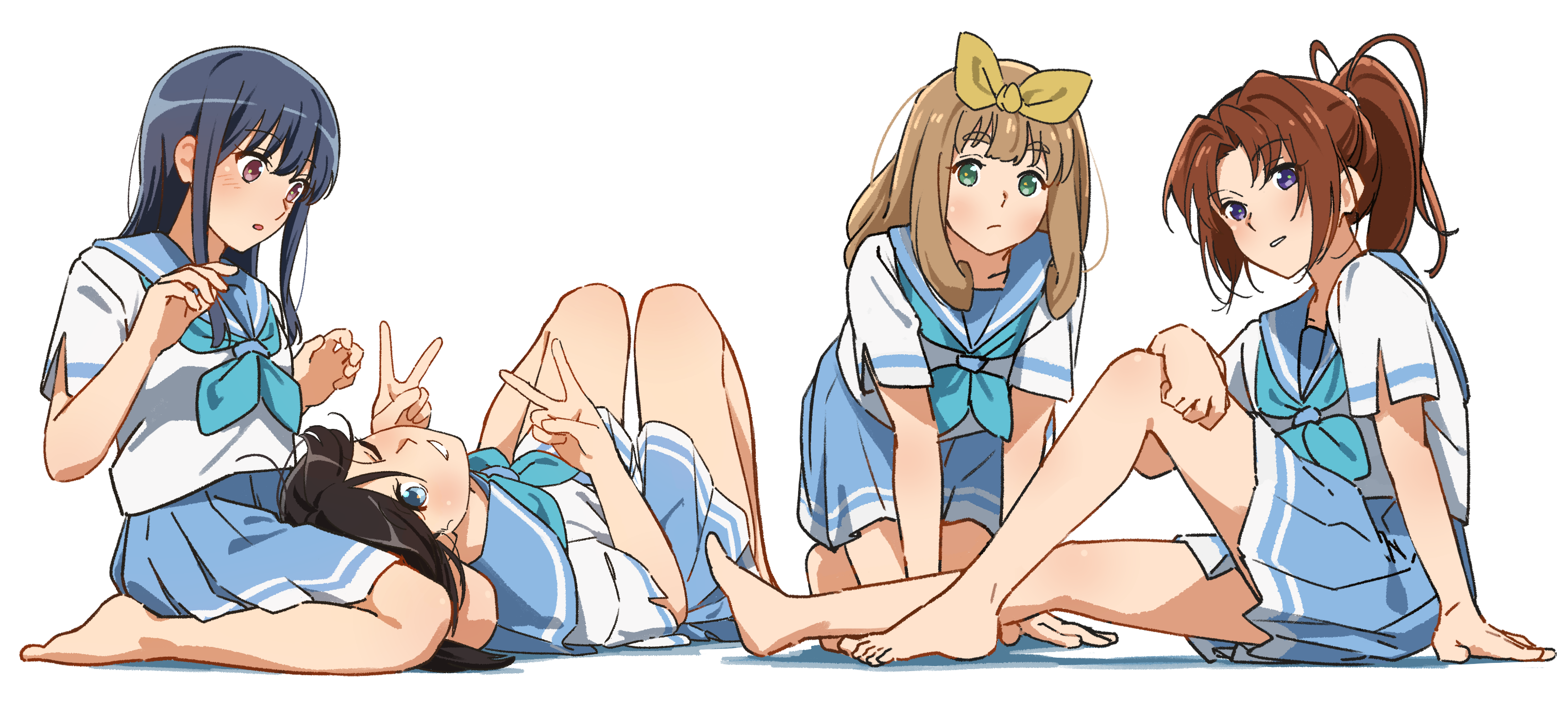 fuyuhino, kasaki nozomi, nakagawa natsuki, yoroizuka mizore, yoshikawa yuuko, hibike! euphonium, commentary request, highres, 4girls, aqua neckerchief, barefoot, black hair, blue eyes, blue sailor collar, blue skirt, blush, brown hair, double v, green eyes, kitauji high school uniform, kneeling, lap pillow, lying, multiple girls, neckerchief, one eye closed, open mouth, ponytail, red eyes, sailor collar, school uniform, serafuku, shirt, short sleeves, sidelocks, simple background, sitting, skirt, v, white background, white shirt