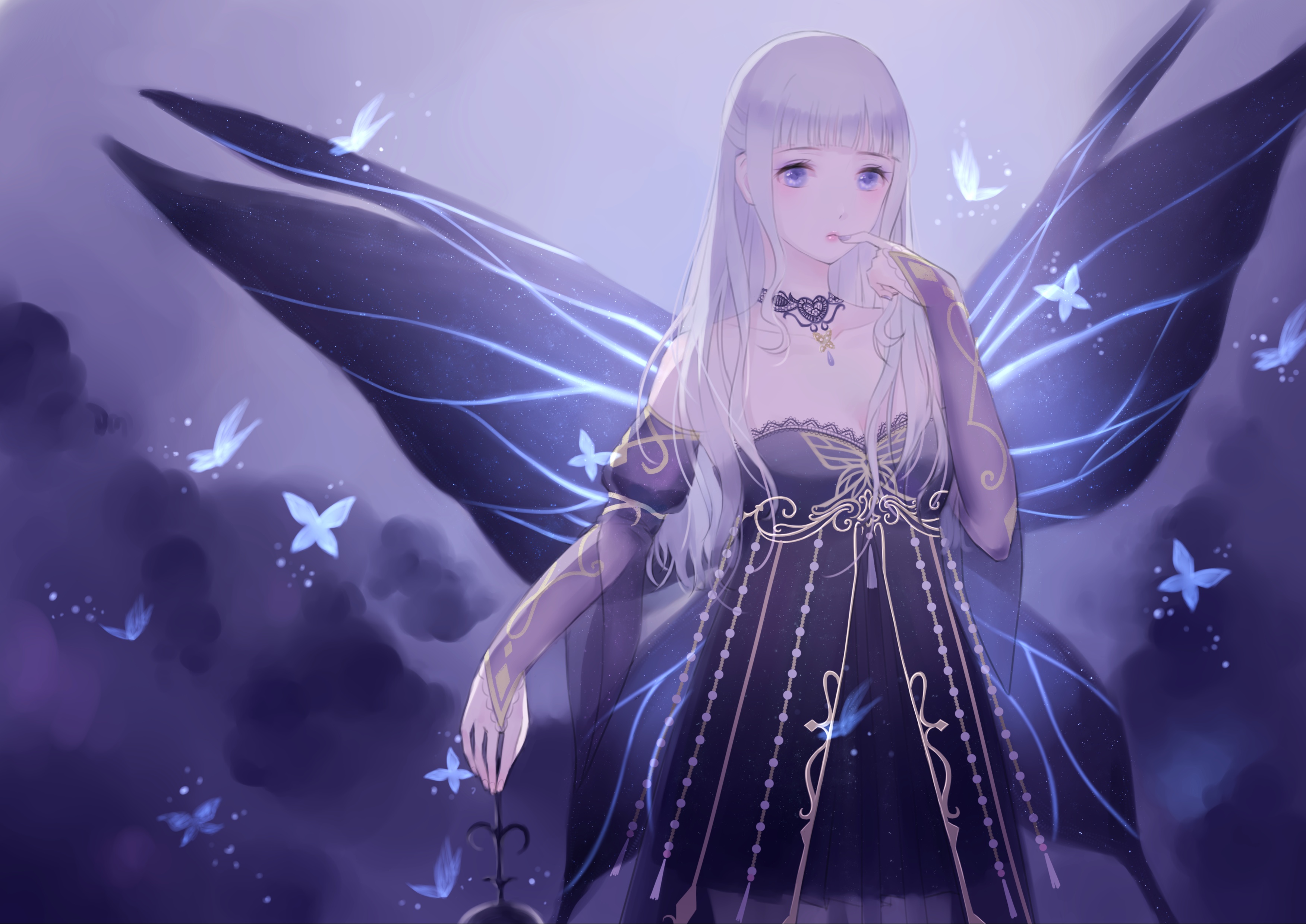 nikki (series), shining nikki, absurdres, highres, 1girl, bare shoulders, black choker, black dress, black wings, blue butterfly, blunt bangs, breasts, bridal gauntlets, bug, butterfly, butterfly wings, choker, cleavage, cloud, cowboy shot, detached sleeves, dress, elves' prayer (shining nikki), fairy, finger to mouth, holding, holding lantern, insect, insect wings, lace, lace-trimmed dress, lace choker, lace trim, lantern, light blush, lipstick, long hair, long sidelocks, makeup, official alternate color, pink lips, pleated dress, purple bridal gauntlets, purple eyes, purple sky, purple sleeves, short dress, short sleeves, sidelocks, sky, solo, standing, star (symbol), star choker, strapless, strapless dress, tang ying, wavy hair, white hair, wings