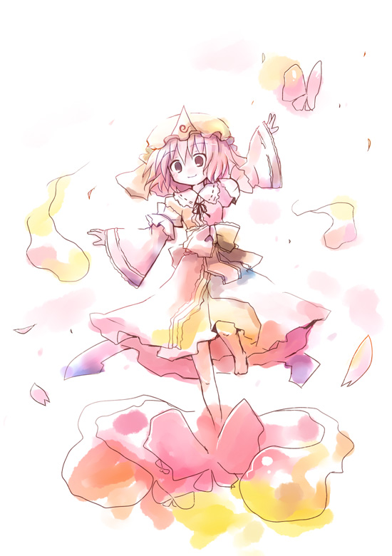 dorua (dollar), saigyouji yuyuko, touhou, 1girl, female focus, floating, frills, ghost, hat, hitodama, japanese clothes, kimono, looking at viewer, mob cap, pink eyes, pink hair, simple background, solo, triangular headpiece, white background