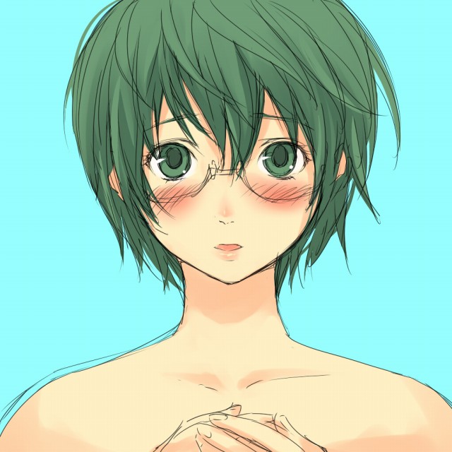 mosha, watase meguru, hatsukoi limited, 1girl, blush, completely nude, female focus, glasses, green eyes, green hair, matching hair/eyes, nude, short hair, simple background, sketch, solo, trembling, upper body