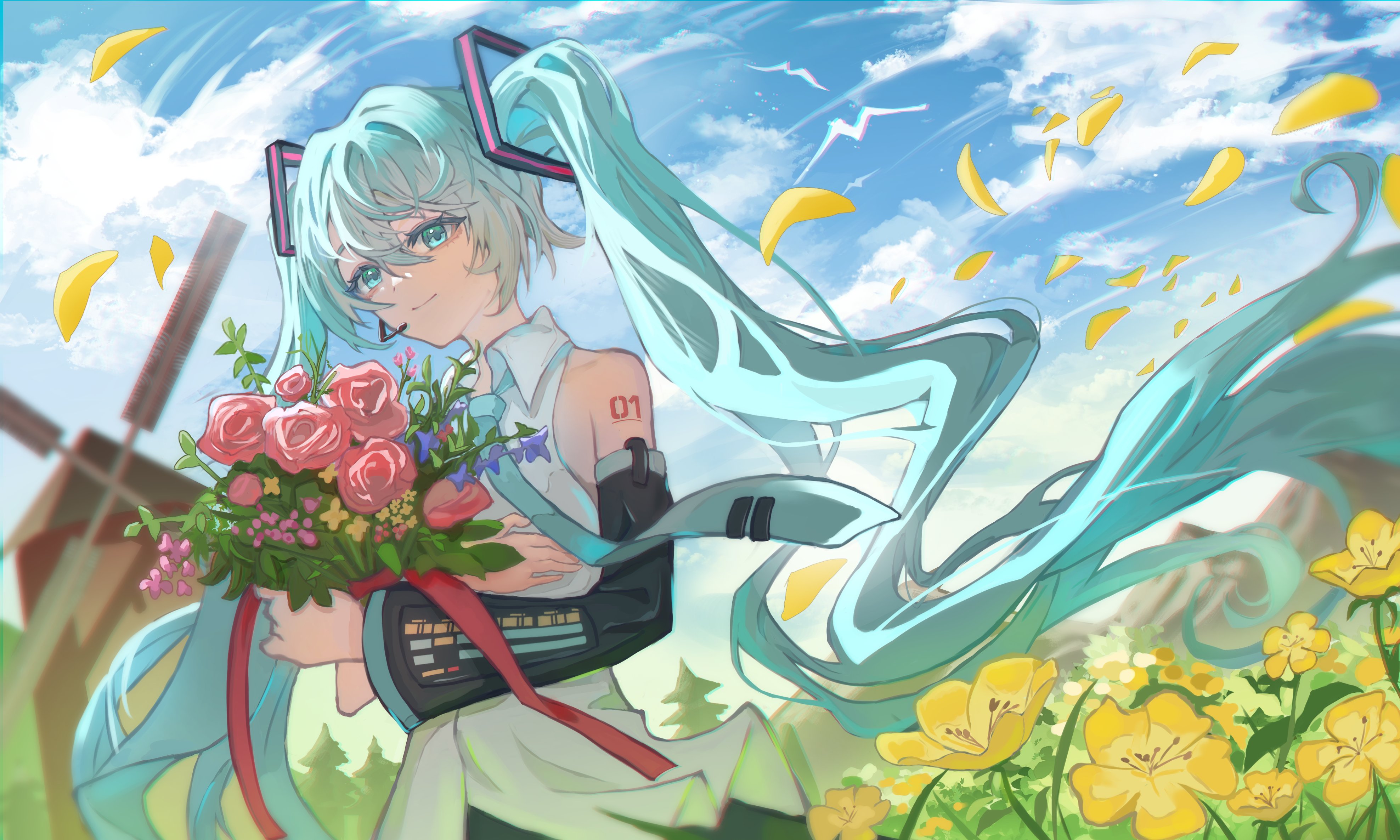hatsune miku, vocaloid, absurdres, commentary, english commentary, highres, 1girl, aqua eyes, aqua hair, arm tattoo, black sleeves, blue sky, bouquet, closed mouth, cloud, cloudy sky, detached sleeves, field, flower, flower field, holding, holding bouquet, long hair, looking at viewer, microphone, number tattoo, petals, red flower, red rose, rose, shen 727, sky, smile, solo, tattoo, tree, twintails, windmill, yellow flower