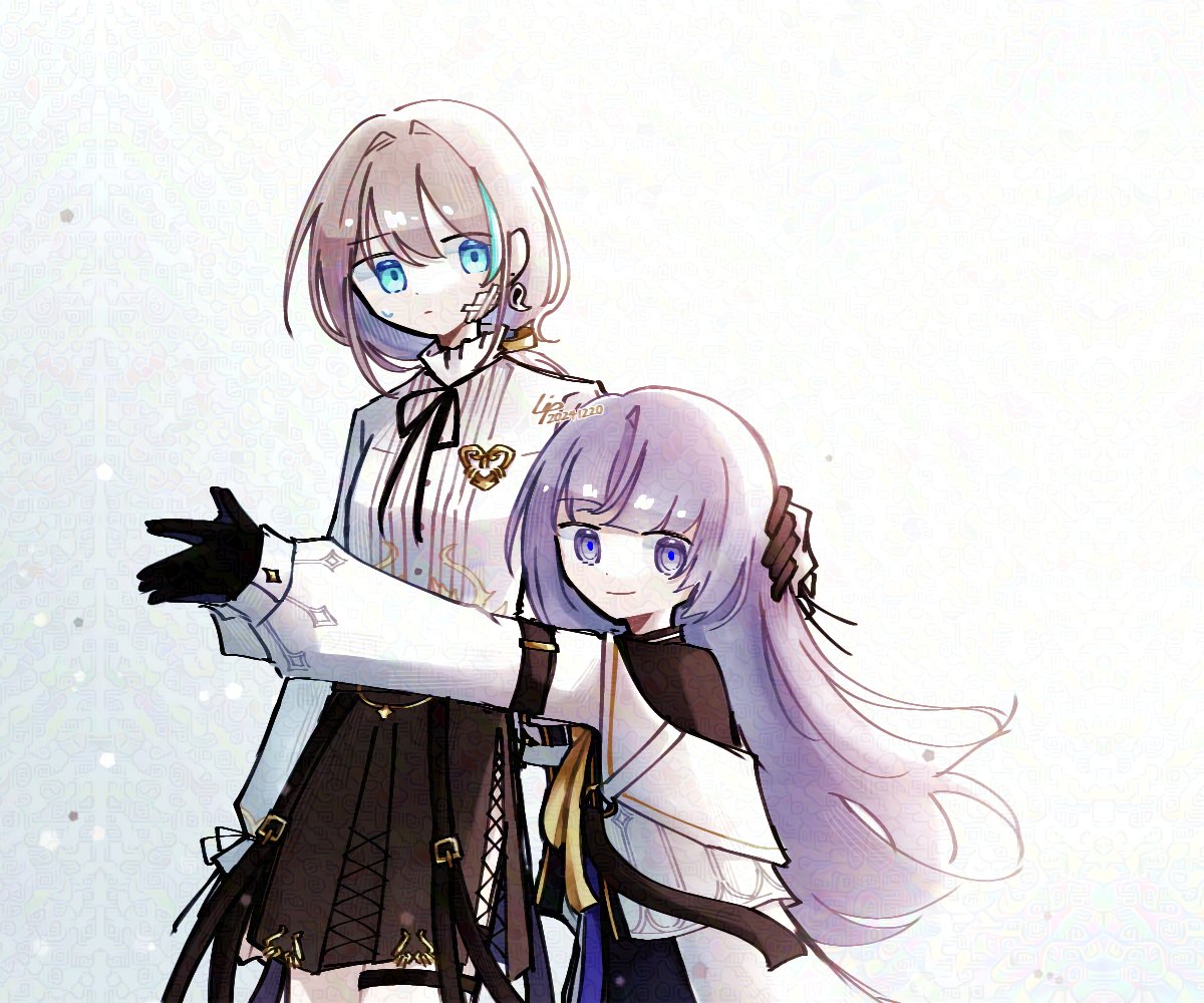 insight (designant) (arcaea), arcaea, 2girls, angel wings, ass cutout, bandage on face, bandages, bandaid, bandaid on face, belt, black belt, black dress, black gloves, black pantyhose, black ribbon, black skirt, blue eyes, blue hair, bow, breasts, clothing cutout, compassion (arcaea), cross, detached wings, dress, earrings, gloves, grey hair, hair between eyes, hand on another's head, height difference, insight (arcaea), jewelry, long sleeves, medium breasts, multicolored hair, multiple girls, off-shoulder jacket, off shoulder, pantyhose, purple eyes, reaching, ribbon, shirt, short hair, single glove, skirt, smile, solo, streaked hair, thigh strap, tricancellide, white background, white hair, white shirt, white wings, wings, yellow bow, yuri