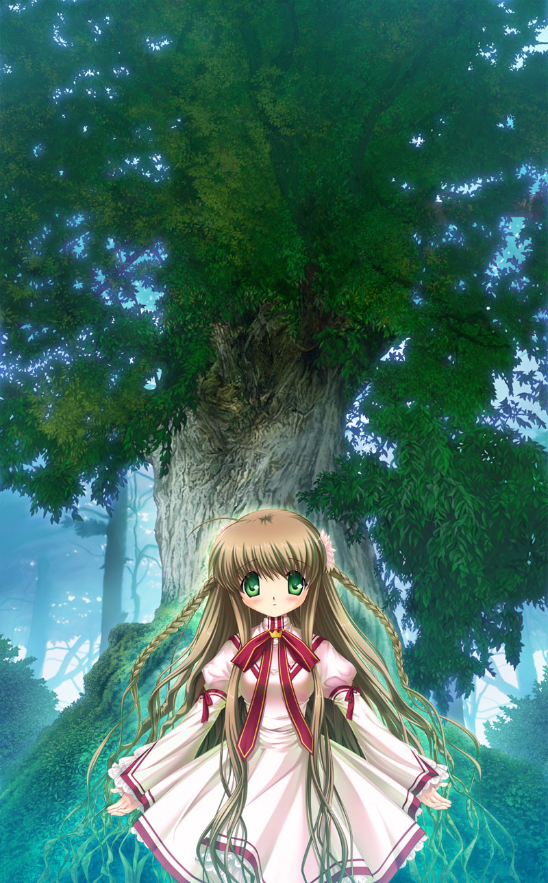 hinoue itaru, kanbe kotori, rewrite, highres, 10s, braid, forest, green eyes, nature, school uniform, serafuku, solo, twin braids