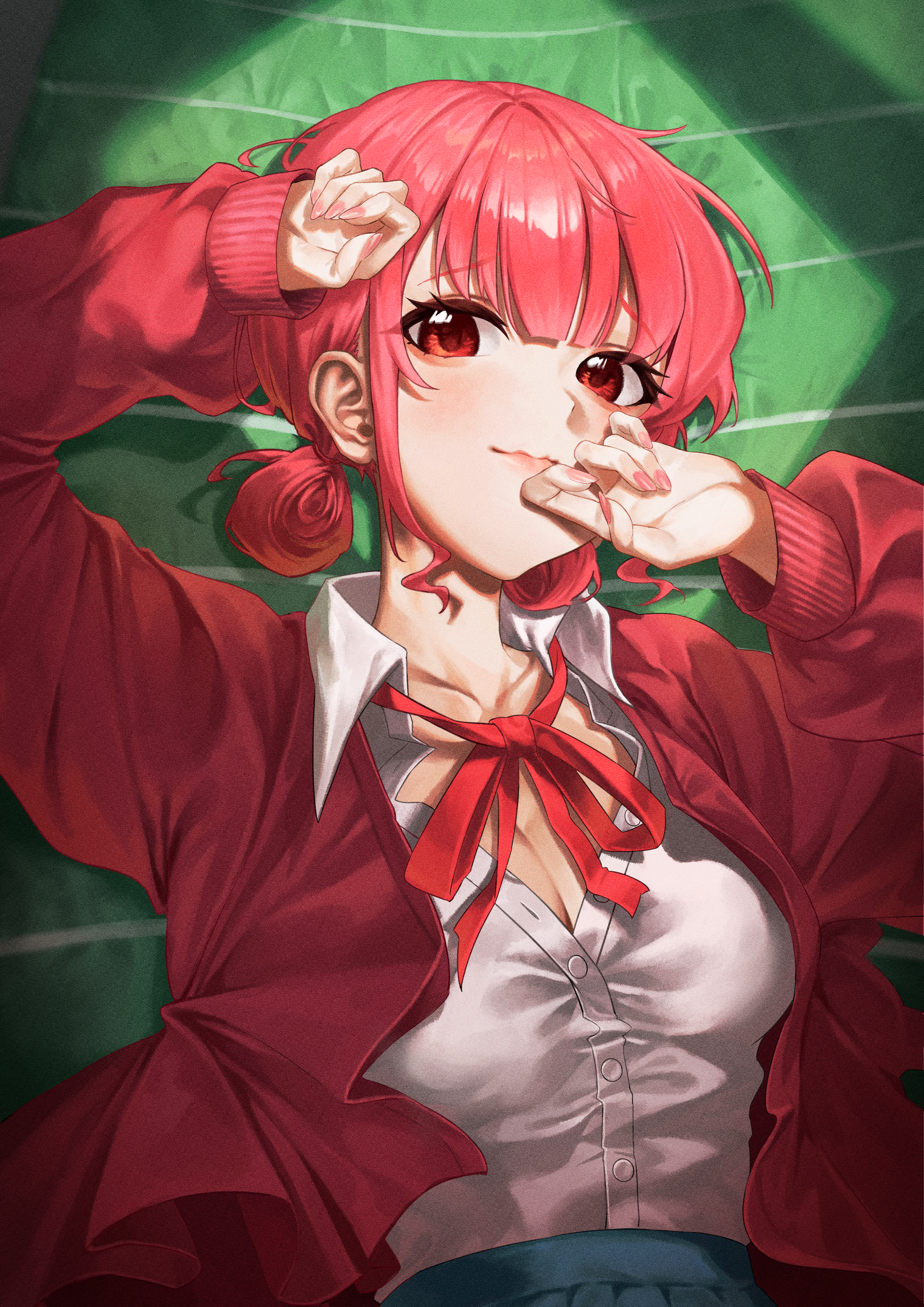 kinrup, chouno hina, ao no hako, absurdres, highres, 1girl, blue skirt, bow, breasts, cardigan, cleavage, closed mouth, collarbone, collared shirt, hand on own face, hand on own head, looking at viewer, lying, medium breasts, on back, partially unbuttoned, pink hair, red bow, red cardigan, red eyes, ribbon, shirt, skirt, solo, white shirt