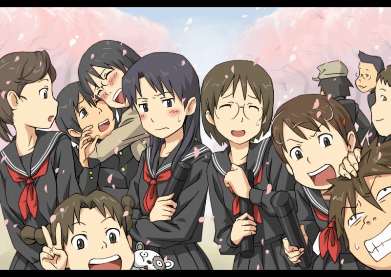 mosha, aiko (dennou coil), amasawa yuuko, denpa (dennou coil), densuke (dennou coil), gachagiri (dennou coil), harakawa ken'ichi, harakawa tamako, hashimoto fumie, namecchi (dennou coil), okonogi kyouko, okonogi yuuko, sawaguchi daichi, dennou coil, 00s, 5boys, 6+girls, blush, cherry blossoms, everyone, glasses, graduation, hug, letterboxed, multiple boys, multiple girls, school uniform, serafuku