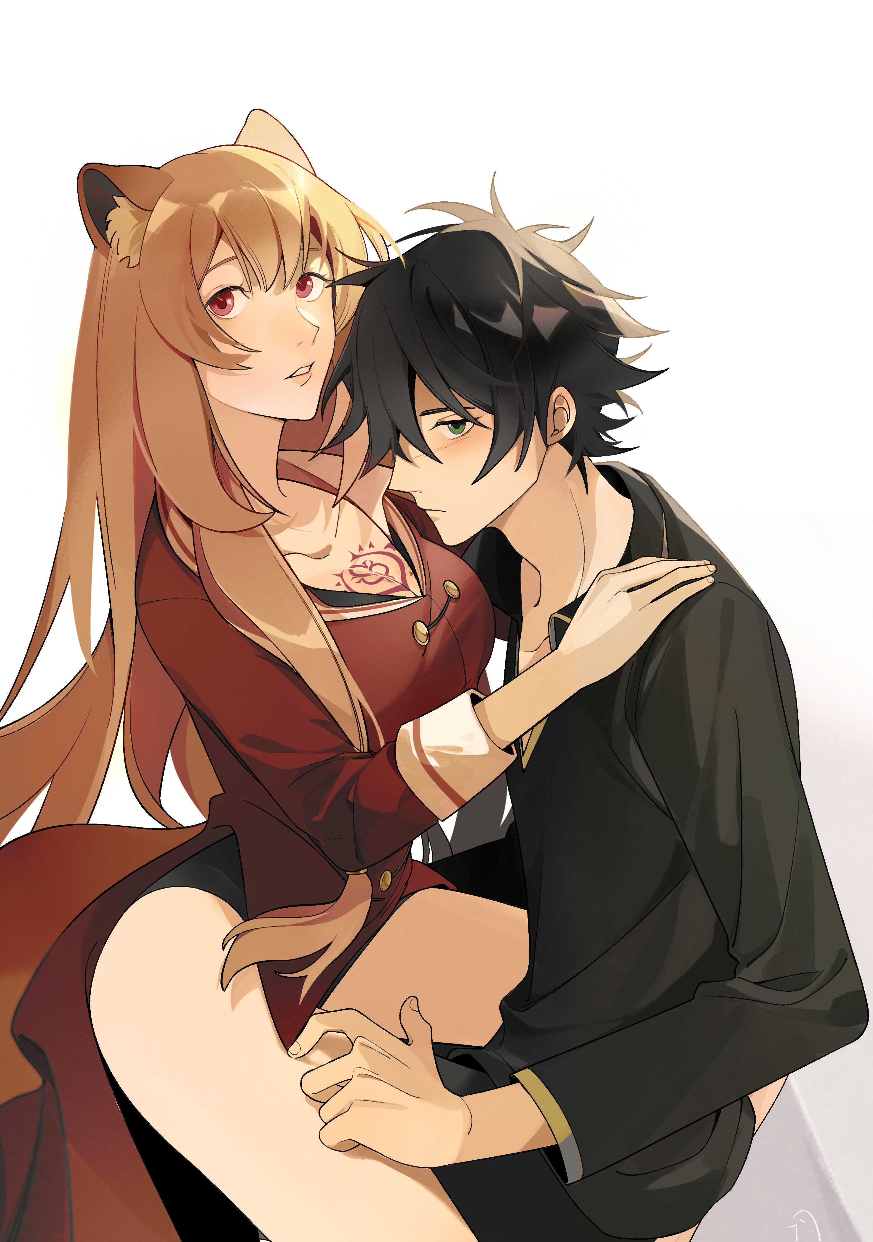 dice657523, iwatani naofumi, raphtalia, tate no yuusha no nariagari, absurdres, check clothing, chinese commentary, clothing request, commentary request, highres, 1boy, 1girl, alternate costume, animal ear fluff, animal ears, black hair, black pants, black shirt, blush, breasts, brown hair, chest tattoo, cleavage, closed mouth, coat, collarbone, collared shirt, couple, cowboy shot, eyelashes, green eyes, hair between eyes, hand on another's shoulder, hand on another's thigh, hetero, large breasts, light frown, lips, long hair, long sleeves, looking at viewer, messy hair, metal hair tubes, pants, parted lips, pink eyes, raccoon ears, raccoon girl, raccoon tail, red coat, shirt, short hair, sidelocks, signature, simple background, slave brand, straight hair, tail, tattoo, thighs, three-quarter sleeves, white background