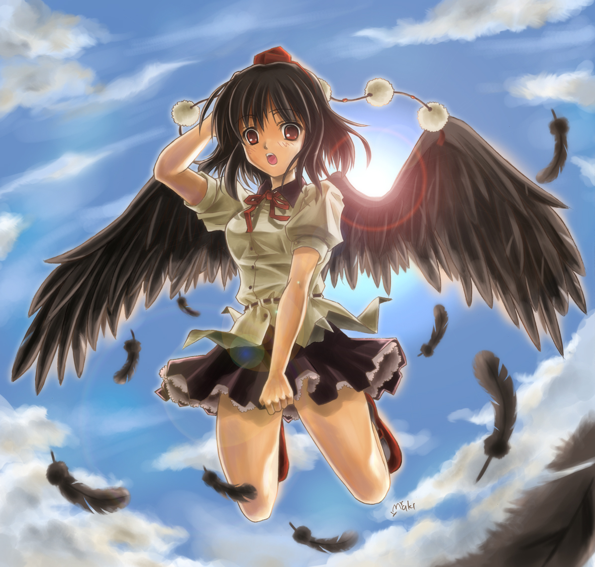 makirin, shameimaru aya, touhou, 1girl, black wings, breasts, cloud, day, feathers, female focus, hat, looking at viewer, medium breasts, open mouth, sky, solo, wings