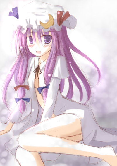 mashayuki, patchouli knowledge, touhou, 1girl, blush, bottomless, bow, female focus, gradient background, grey background, hair bow, hat, long hair, multiple hair bows, open clothes, open shirt, purple eyes, purple hair, shirt, sitting, sketch, solo, white background