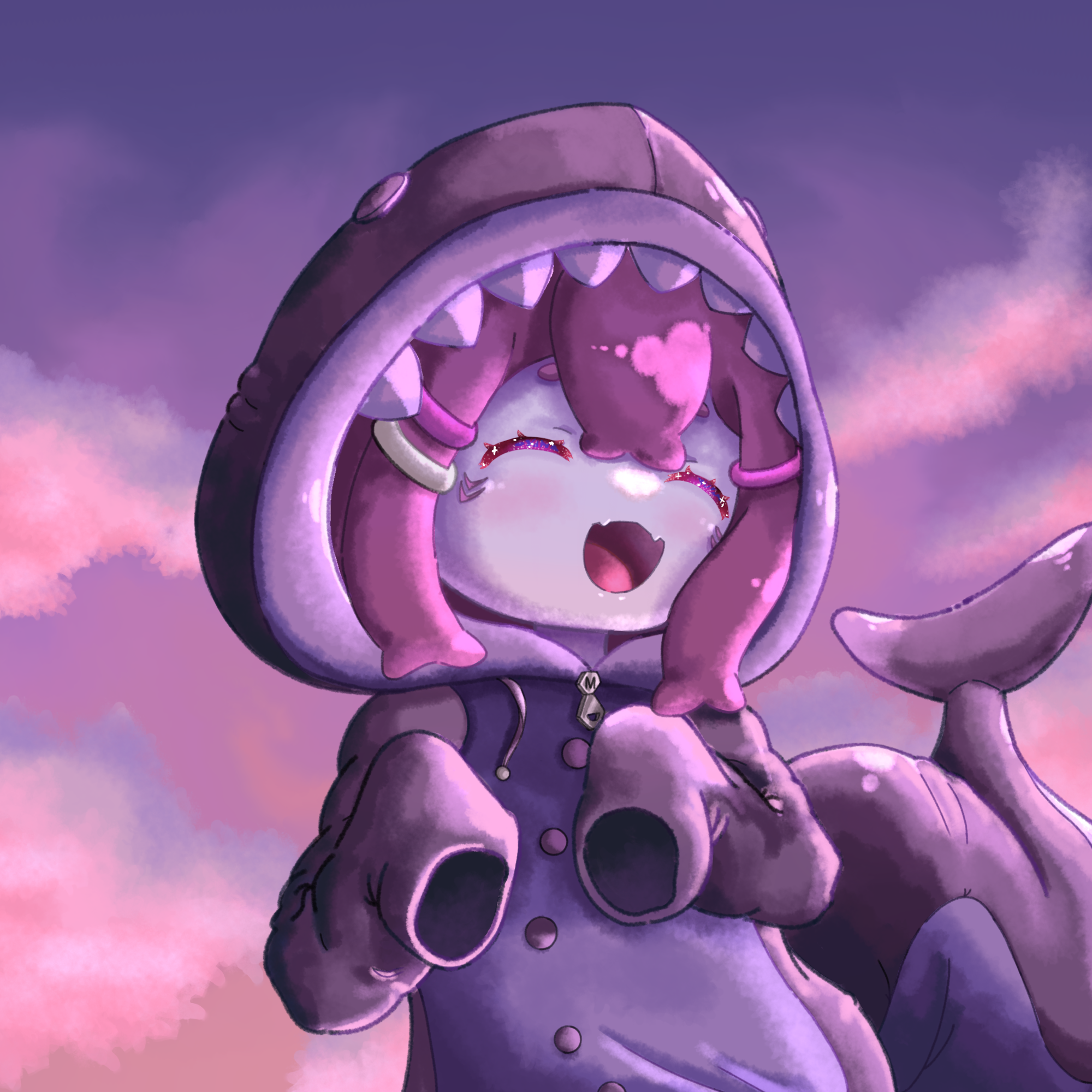 megalodon (vtuber), indie virtual youtuber, highres, 1girl, animal hood, chibi, closed eyes, cloud, colored skin, eyelashes, fangs, fins, fish tail, grey skin, hair ornament, hairclip, hood, hood up, official alternate costume, onesie, open mouth, purple hair, shark hood, shark tail, sidelocks, skin fangs, sky, sleeves past wrists, smile, solo, tail, terartc, upper body, virtual youtuber