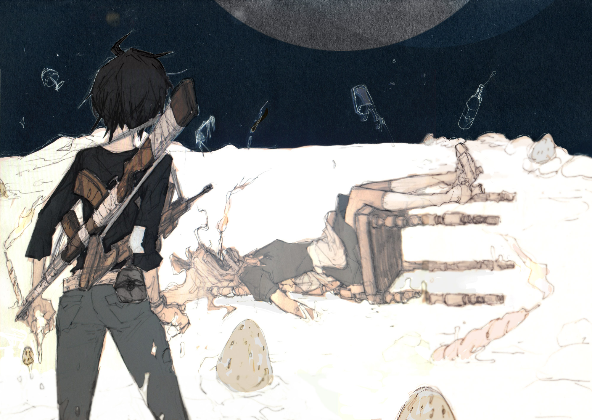 payama, commentary request, highres, 1boy, 1girl, alice (jigoku no alice), apron, assault rifle, birthday cake, black hair, black shirt, cake, candle, chair, cowboy shot, dress, facing another, facing away, feet up, floating, floating object, food, from behind, fruit, grey pants, gun, gun on back, high heels, holding, holding food, hole in face, icing, jigoku no alice, kneehighs, lying, muted color, on back, on chair, on food, on ground, oversized food, oversized object, pants, rifle, shirt, short dress, short hair, short sleeves, shuu (jigoku no alice), socks, standing, strawberry, surreal, waist apron, weapon, weapon on back