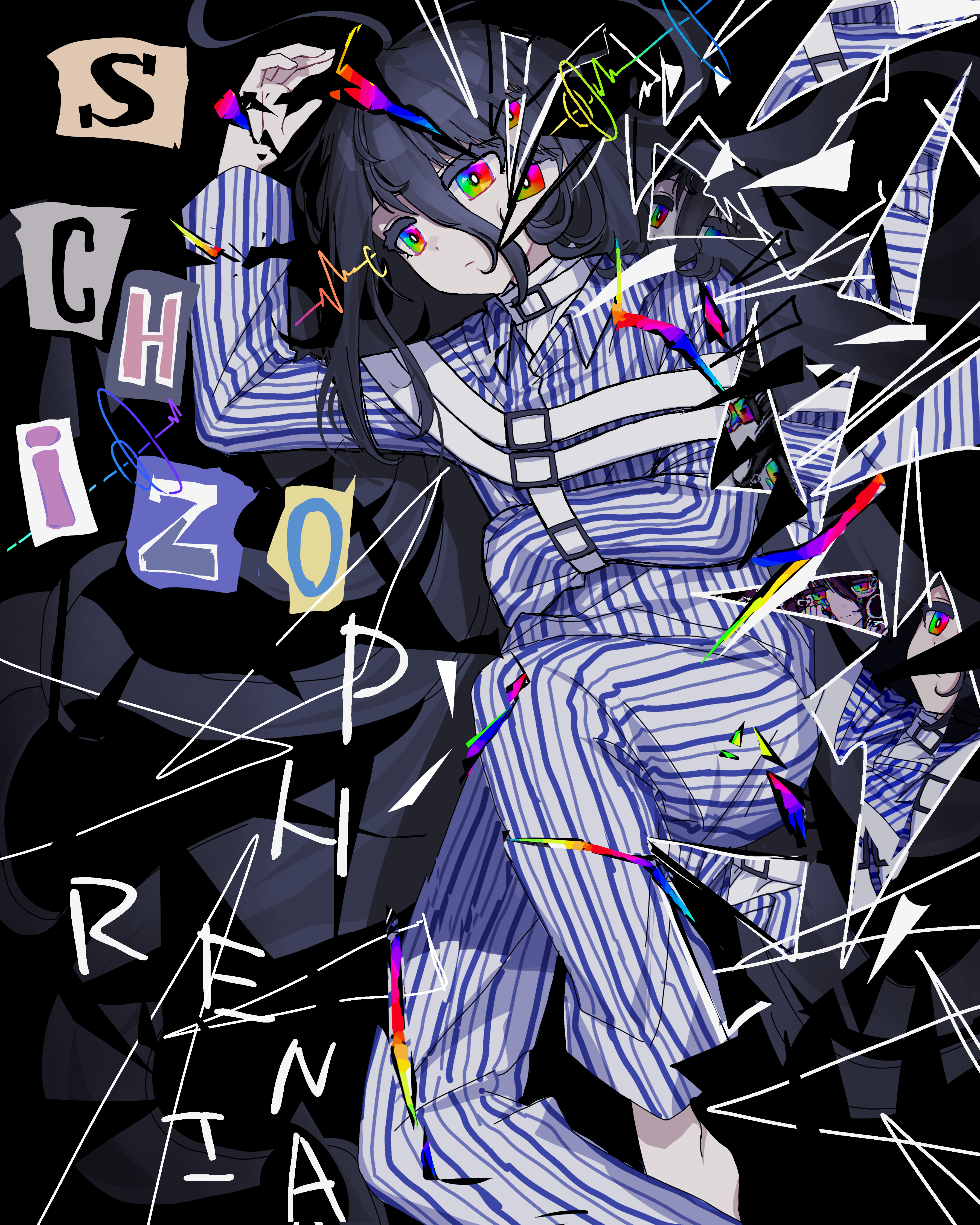 phonetik, original, absurdres, commentary, english commentary, highres, 1girl, black hair, broken mirror, closed mouth, english text, expressionless, glass shards, long hair, long sleeves, looking to the side, lying, mirror, on side, pajamas, personification, rainbow, reflection, solo, straitjacket, striped clothes, striped pajamas