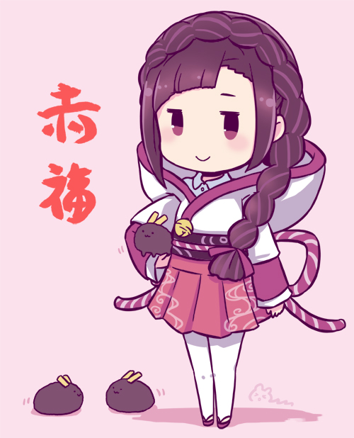 mizuki maya, original, commentary request, 1girl, :3, animal, braid, character name, closed mouth, collared shirt, crown braid, food, food-themed creature, holding, holding animal, holding rabbit, japanese clothes, jitome, kimono, long hair, long sleeves, miniskirt, mochi, object and personification, pantyhose, pink background, pink skirt, pleated skirt, purple eyes, purple hair, rabbit, shirt, simple background, single braid, skirt, smile, solo, white kimono, white pantyhose, white shirt