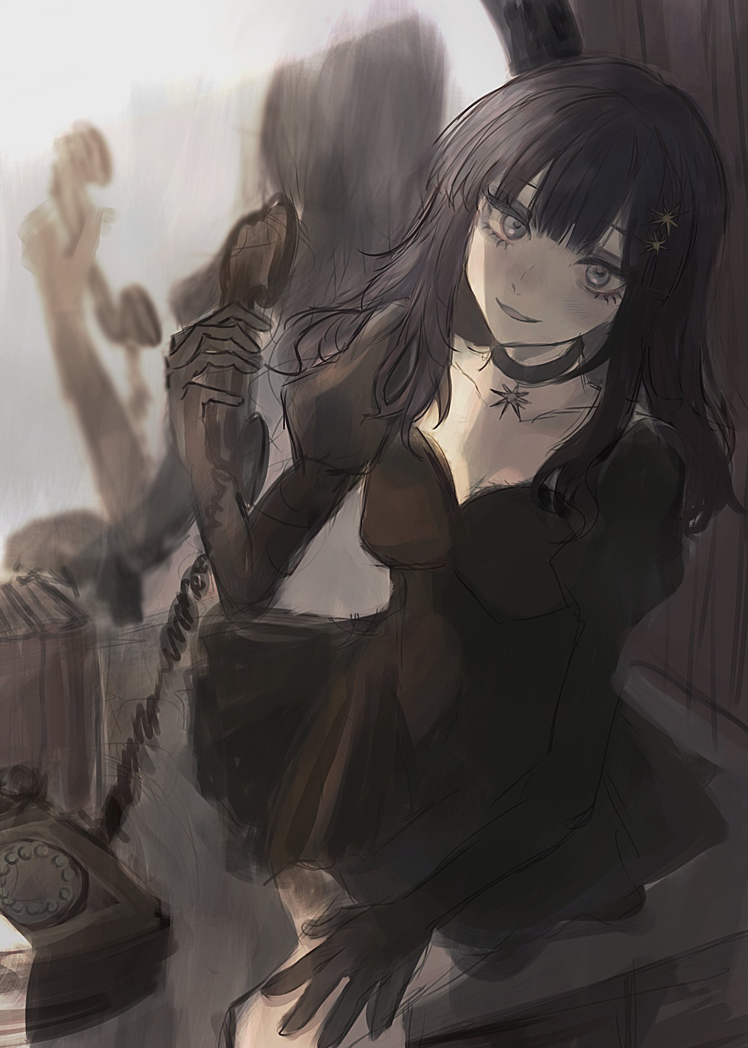 akai ringo (eveyuno), original, highres, 1girl, choker, dress, gloves, long hair, looking at viewer, smile, solo